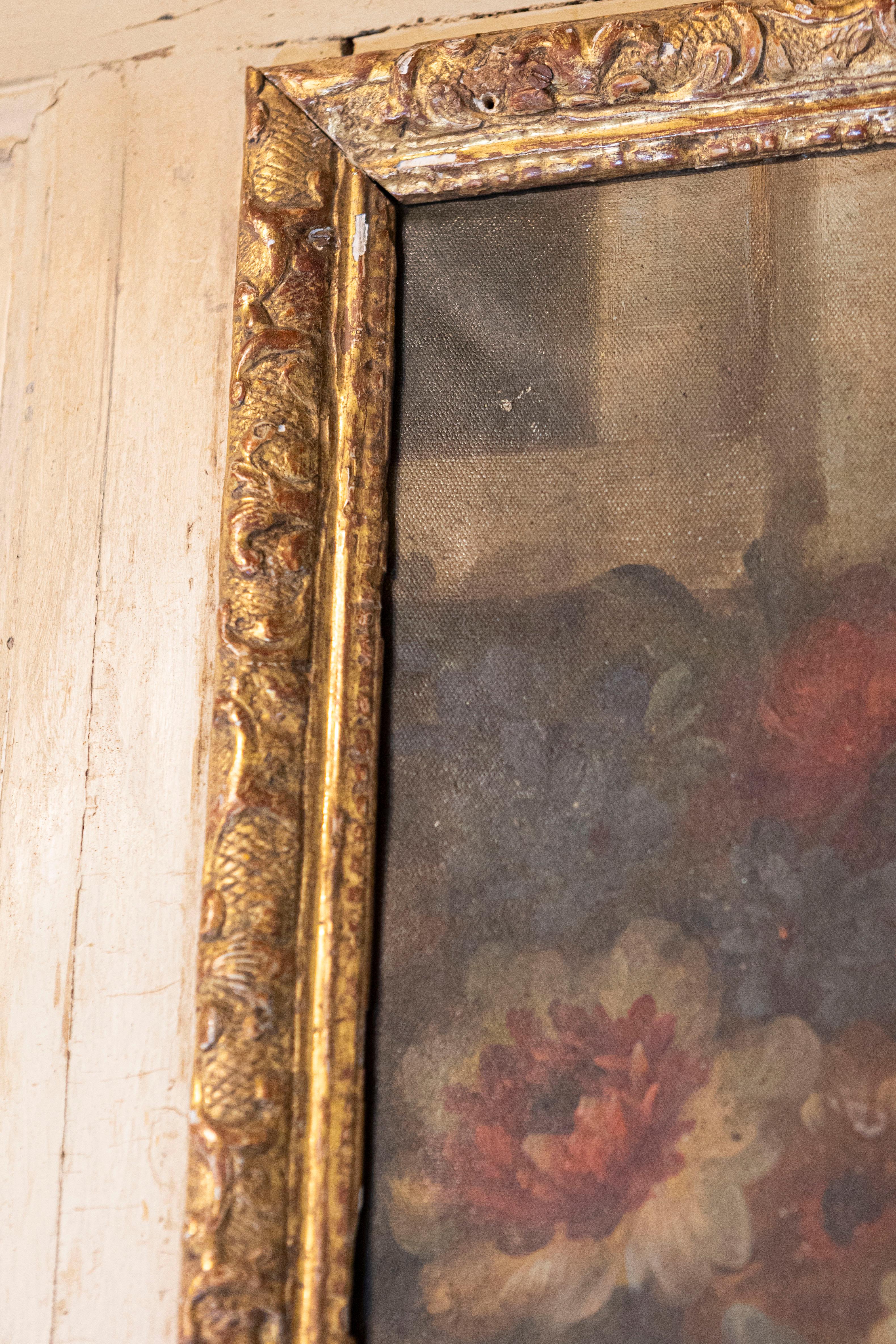 French Louis XV Trumeau Mirror with Original Oil Painting and Carved Gilt Motifs For Sale 2