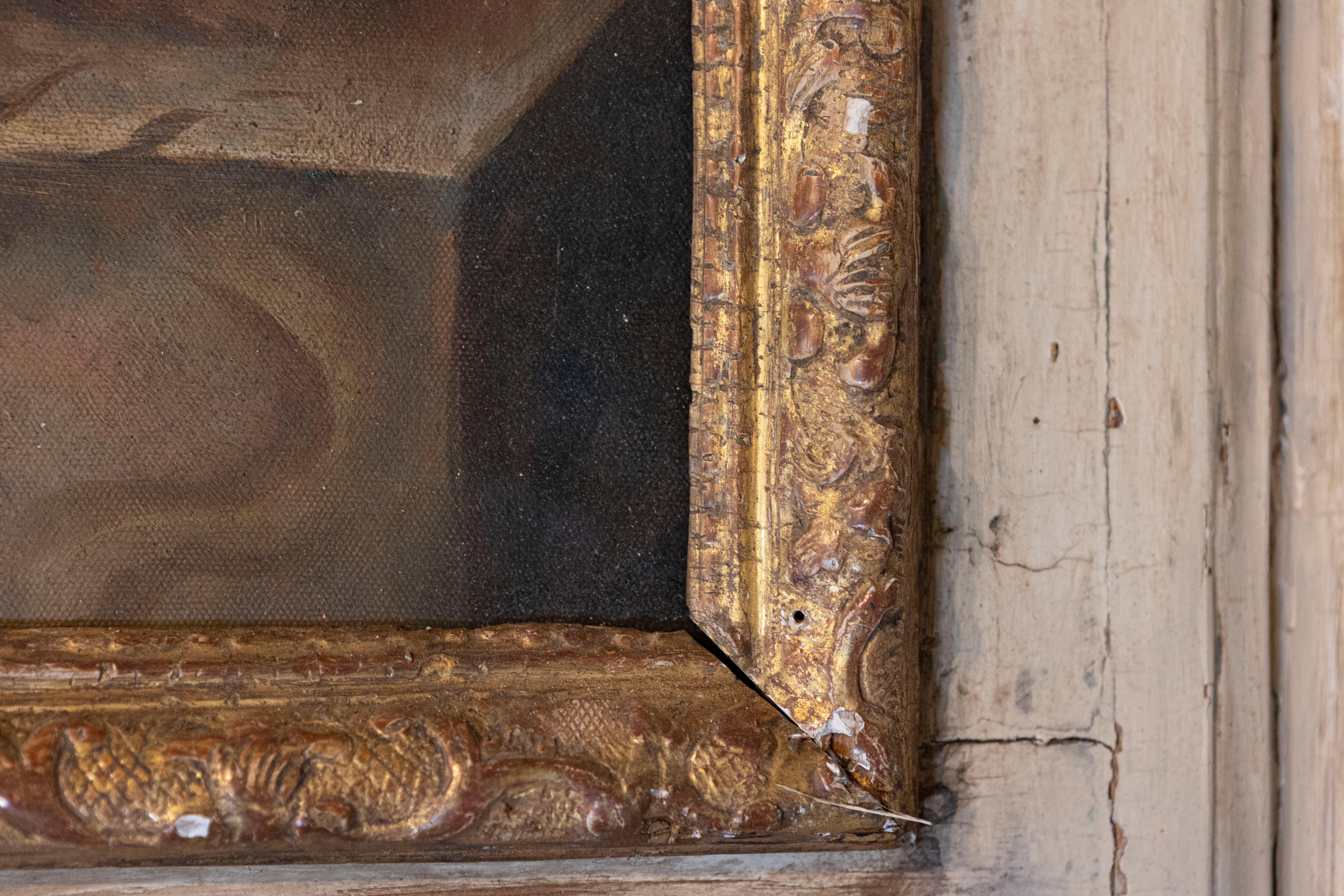 French Louis XV Trumeau Mirror with Original Oil Painting and Carved Gilt Motifs For Sale 3