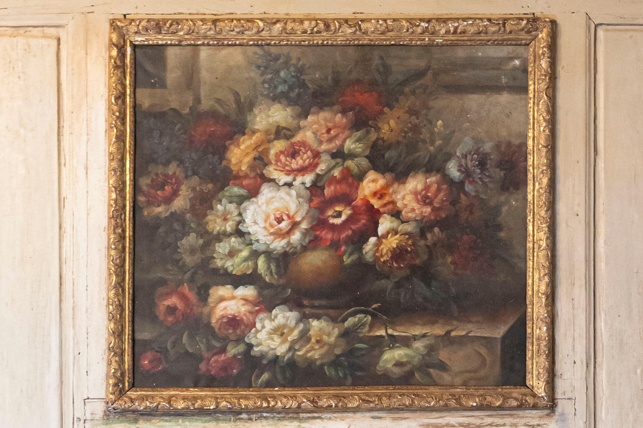 French Louis XV Trumeau Mirror with Original Oil Painting and Carved Gilt Motifs For Sale 4