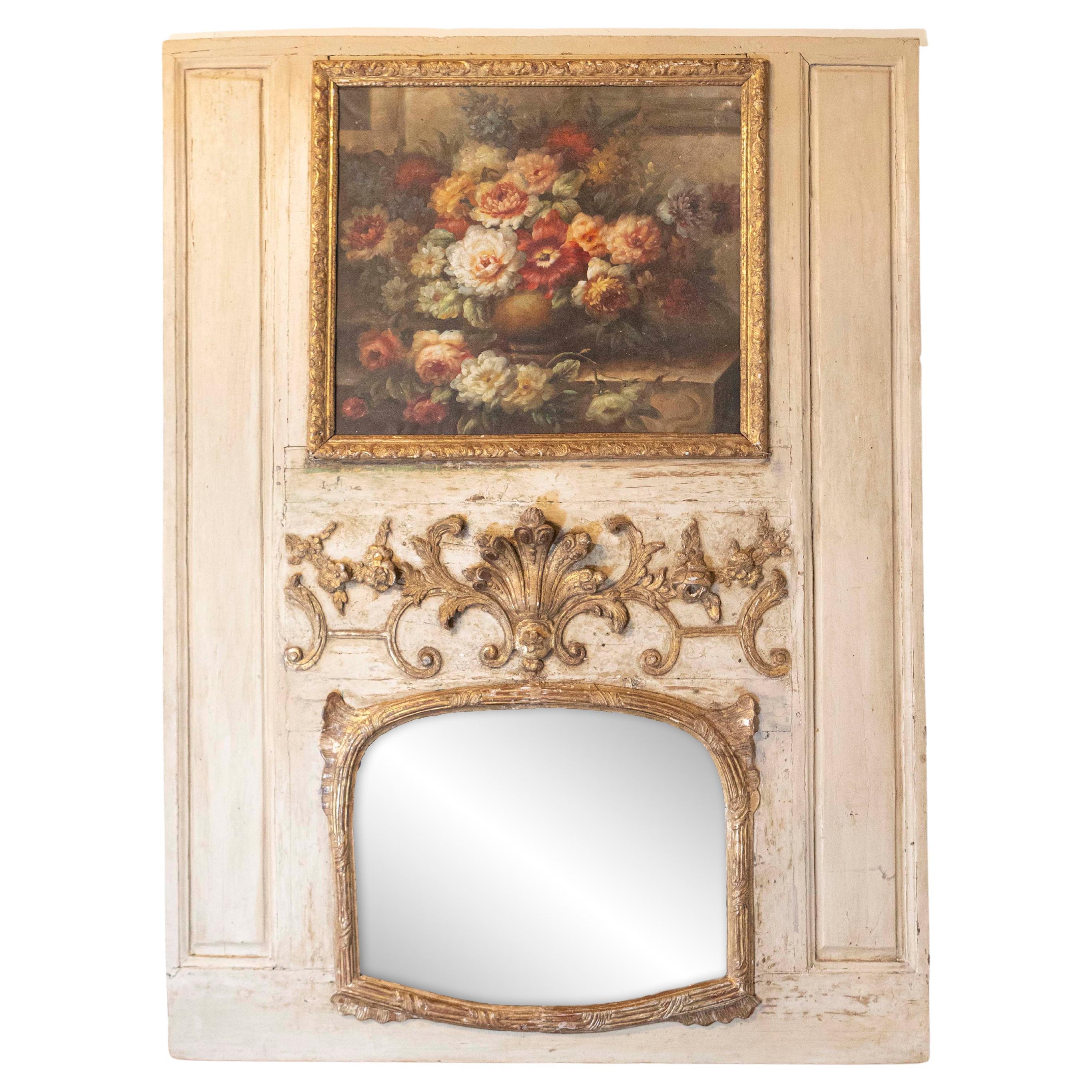 French Louis XV Trumeau Mirror with Original Oil Painting and Carved Gilt Motifs For Sale