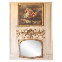 French Louis XV Trumeau Mirror with Original Oil Painting and Carved Gilt Motifs