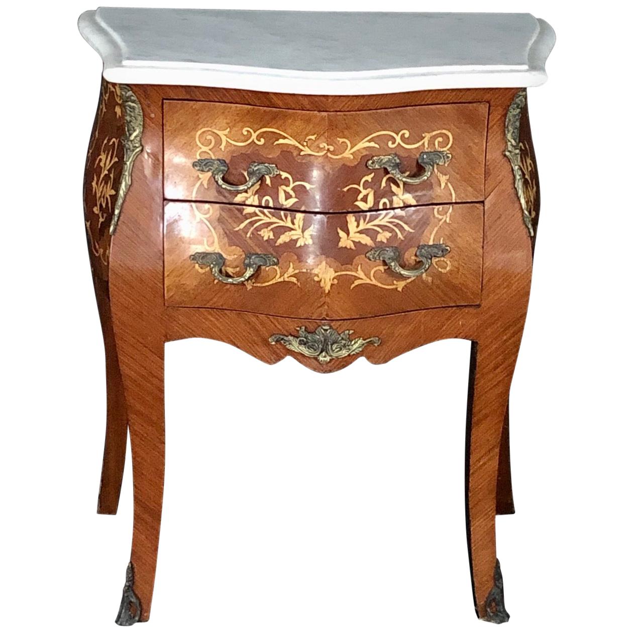 French Louis XV Two-Drawer Marquetry Nightstand or Side Table with Ormolu