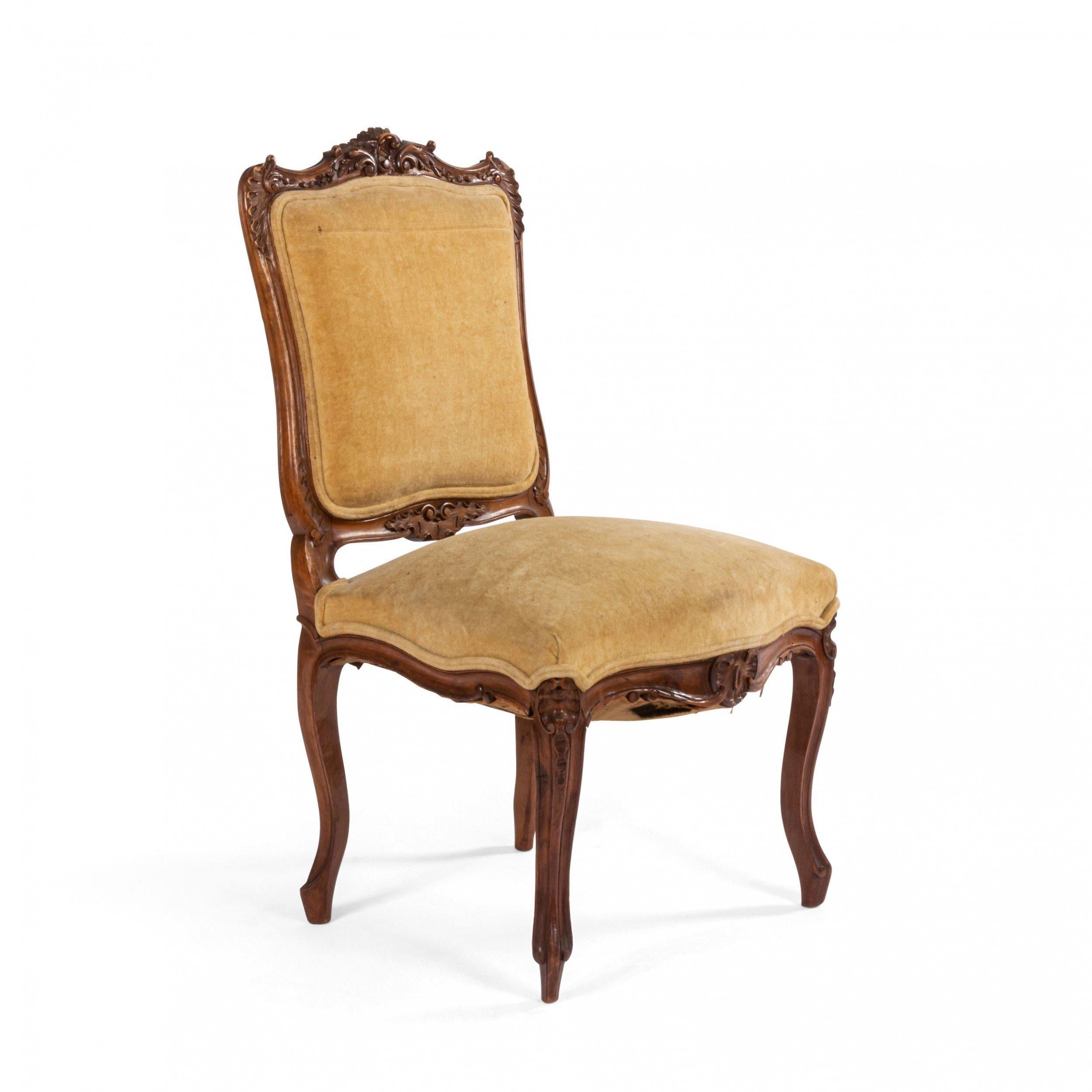 20th Century French Louis XV Velvet Walnut Side Chairs For Sale