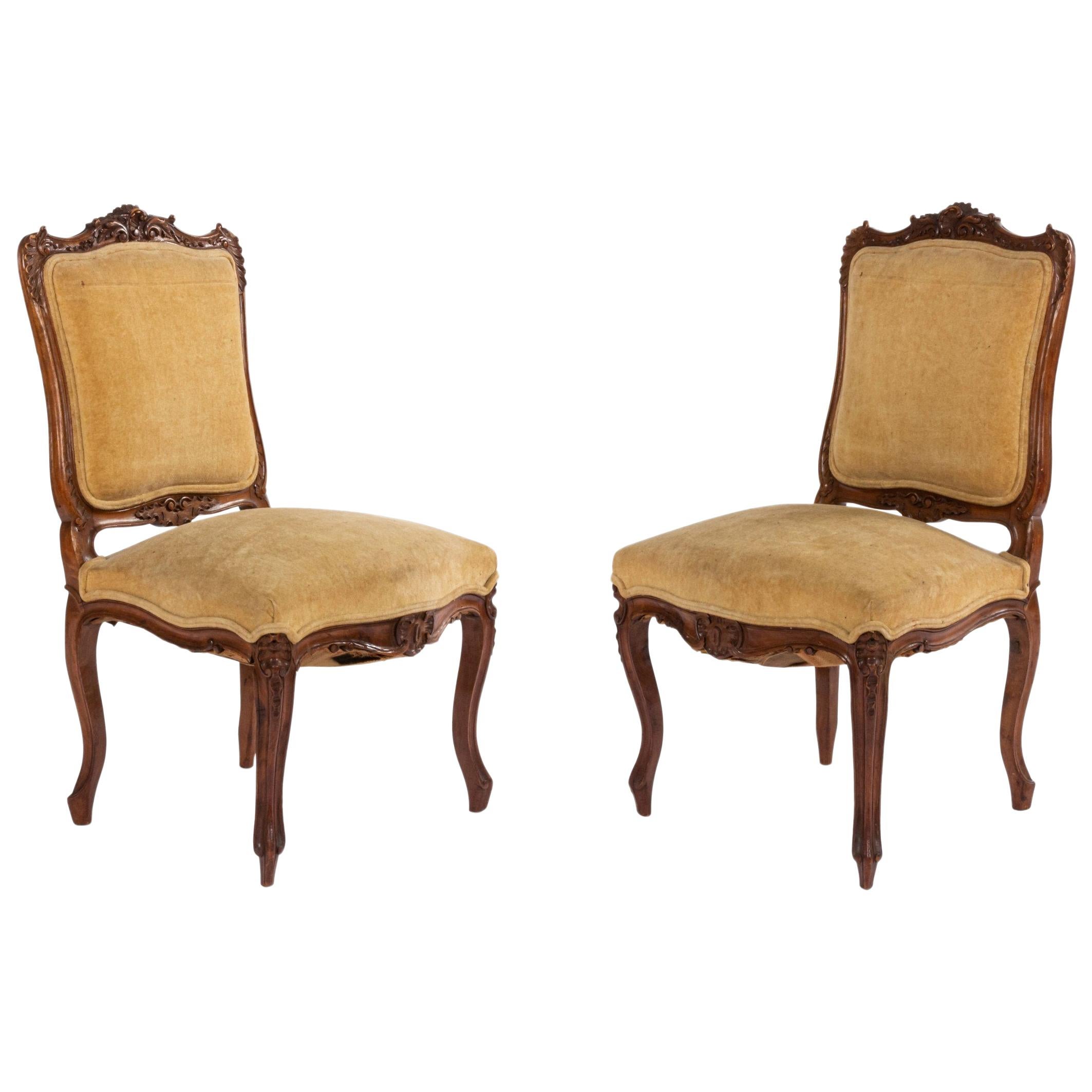 French Louis XV Velvet Walnut Side Chairs For Sale