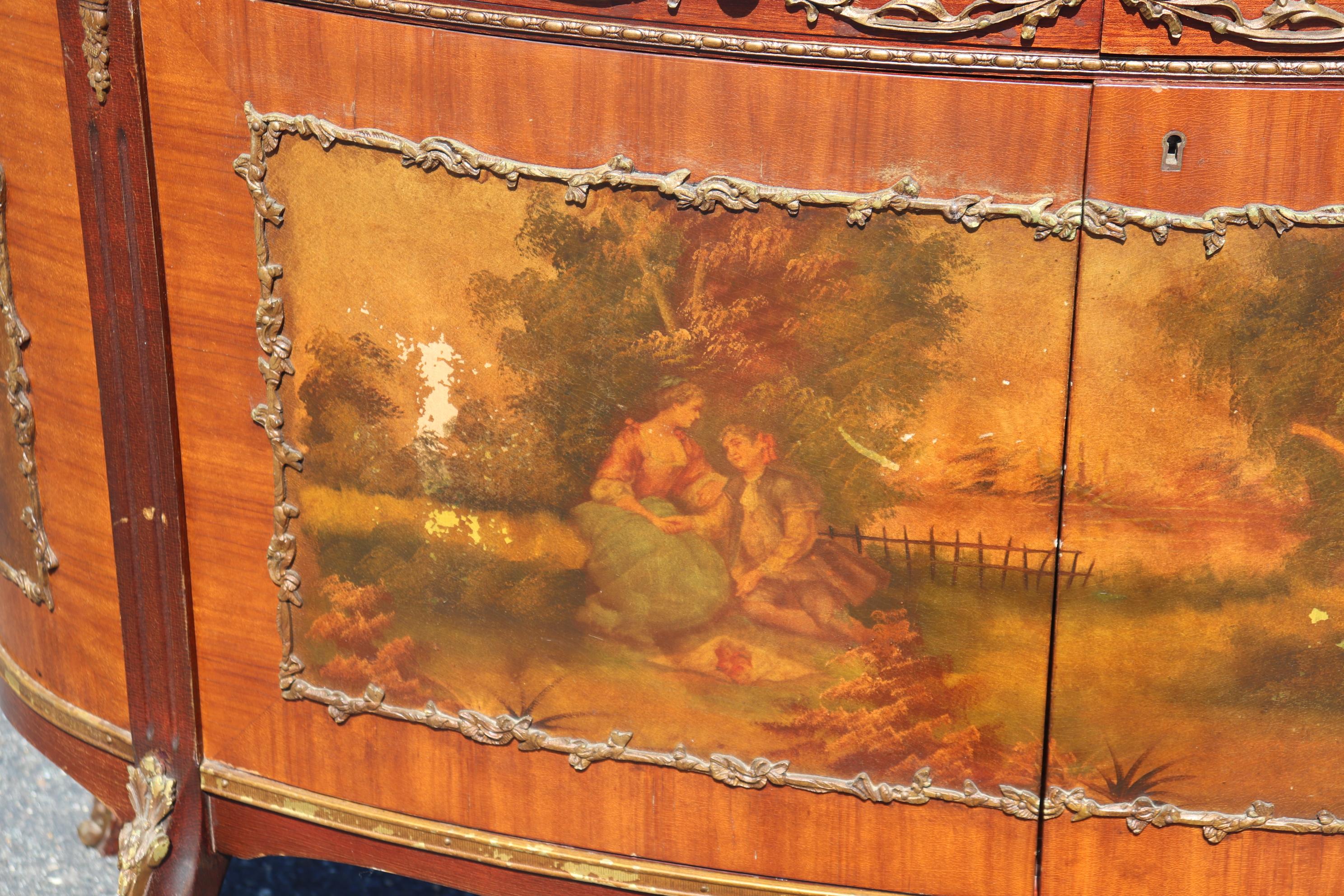 French Louis XV Vernis Martin Painted Marble Top Lighted Bar Cabinet Commode 5