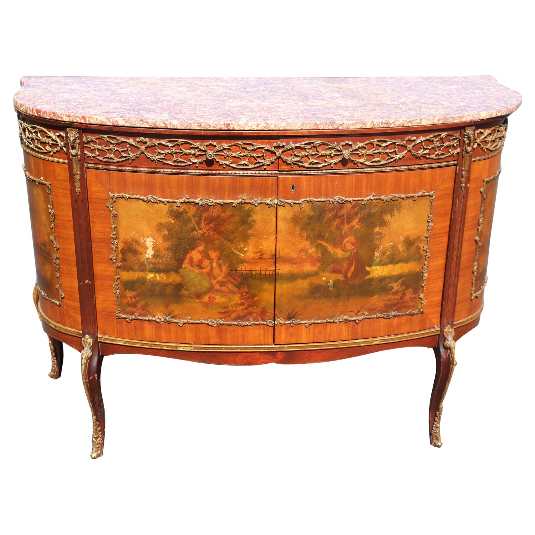 French Louis XV Vernis Martin Painted Marble Top Lighted Bar Cabinet Commode