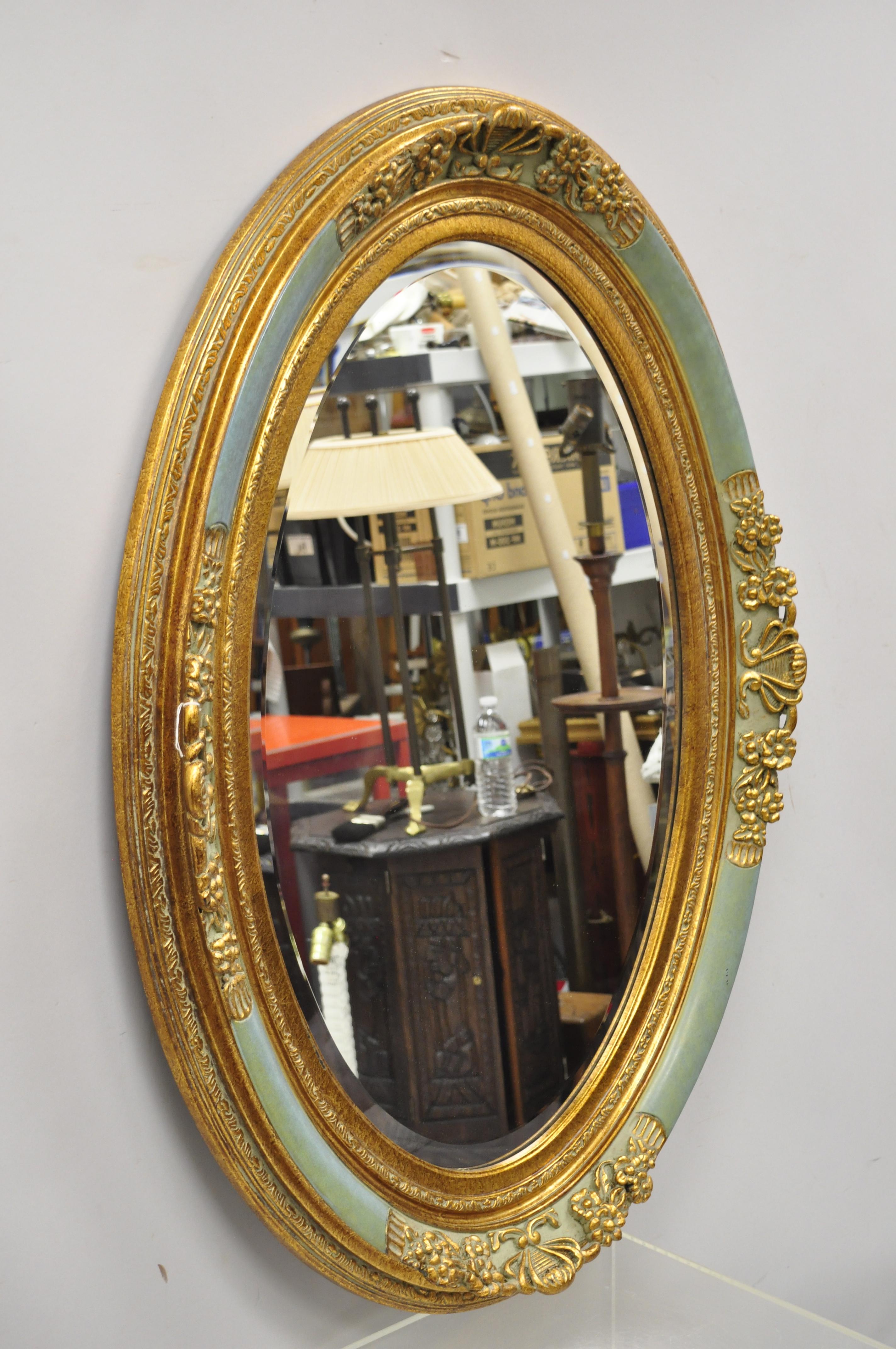 French Louis XV Victorian Green Gold Gilt Beveled Glass Oval Mirror by Uttermost 5
