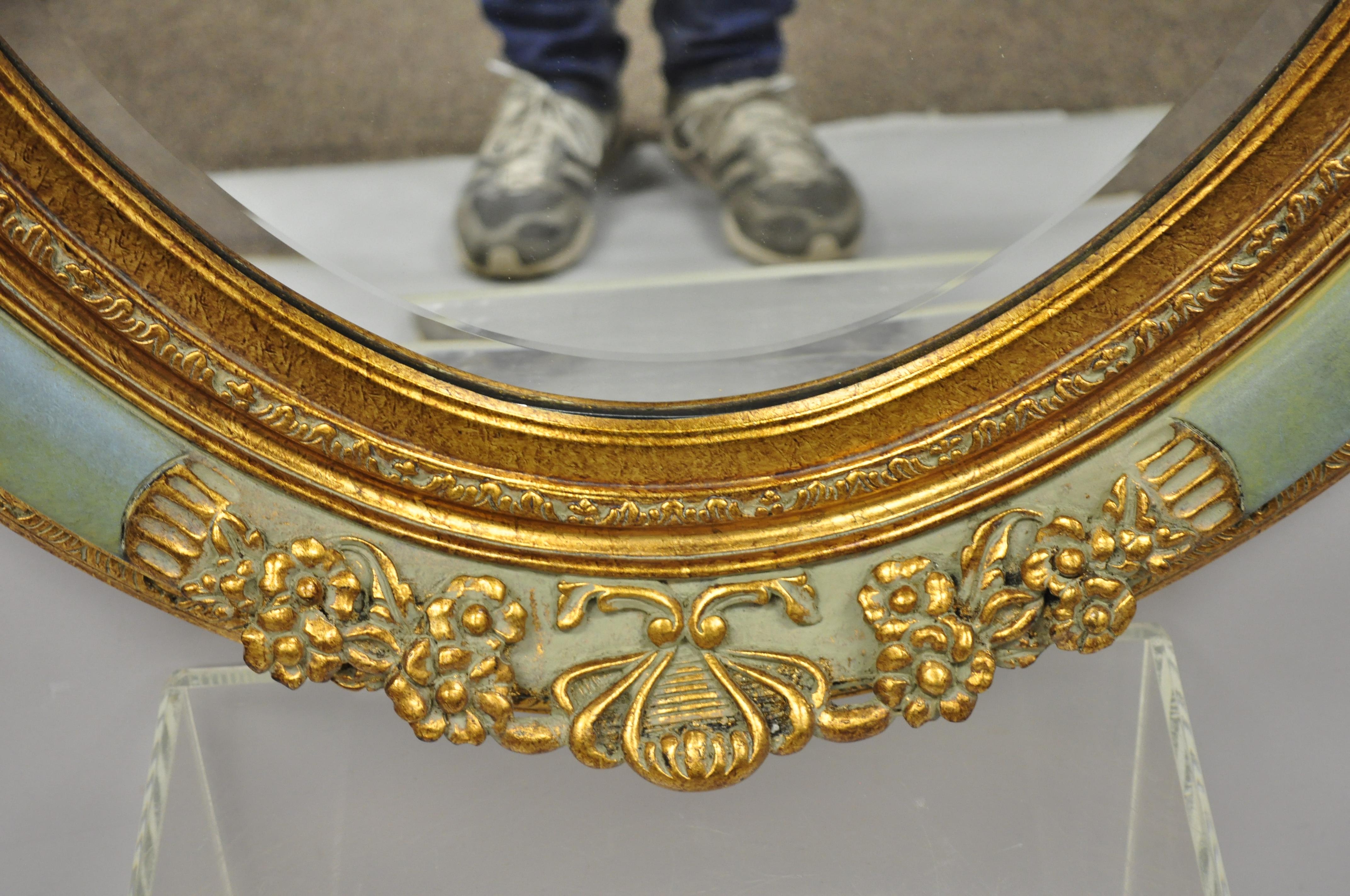 French Louis XV Victorian Green Gold Gilt Beveled Glass Oval Mirror by Uttermost In Good Condition In Philadelphia, PA