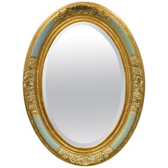 Vintage French Louis XV Victorian Green Gold Gilt Beveled Glass Oval Mirror by Uttermost