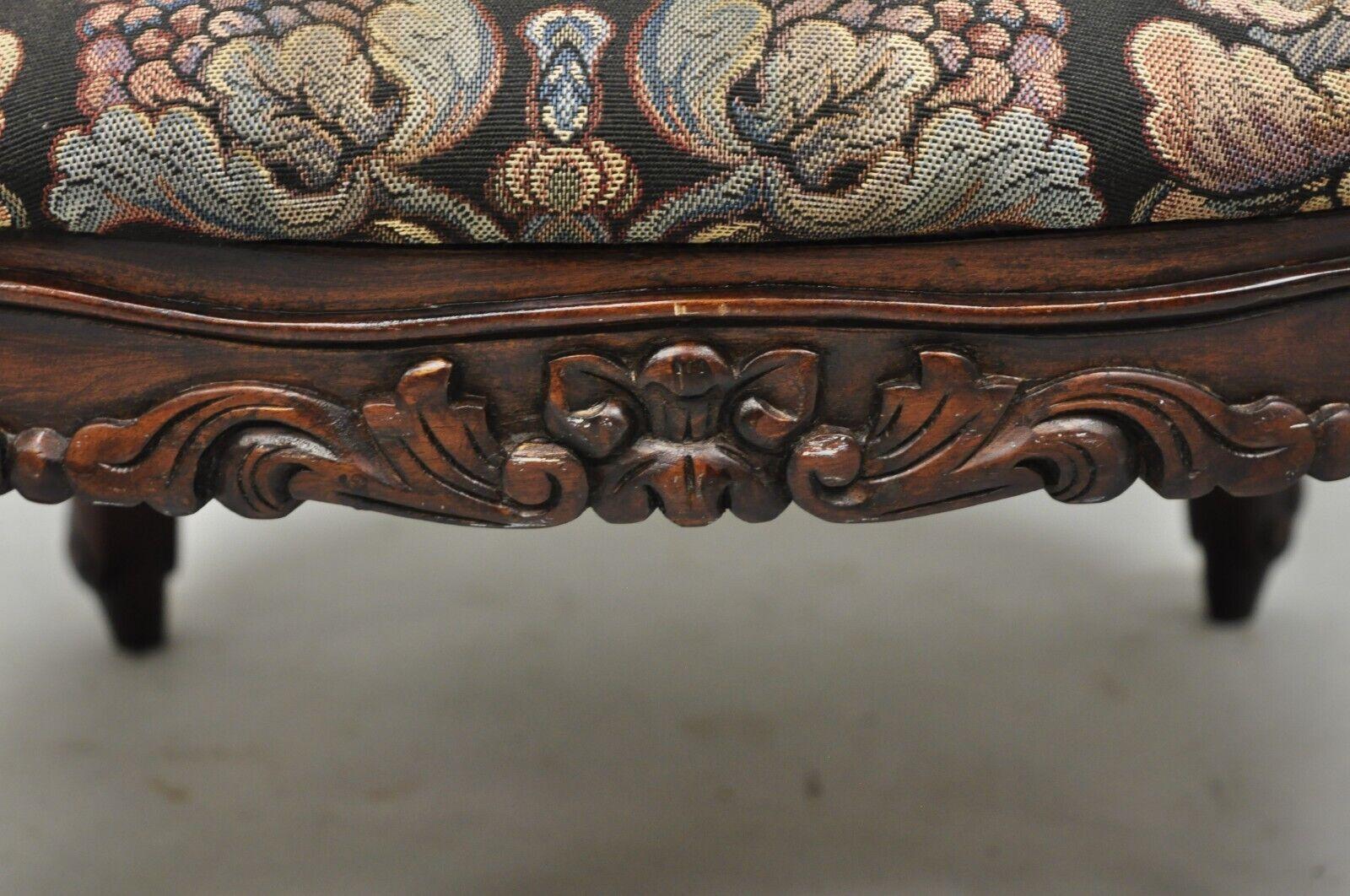 Fabric French Louis XV Victorian Style Carved Wood Oval Small Footstool Ottoman
