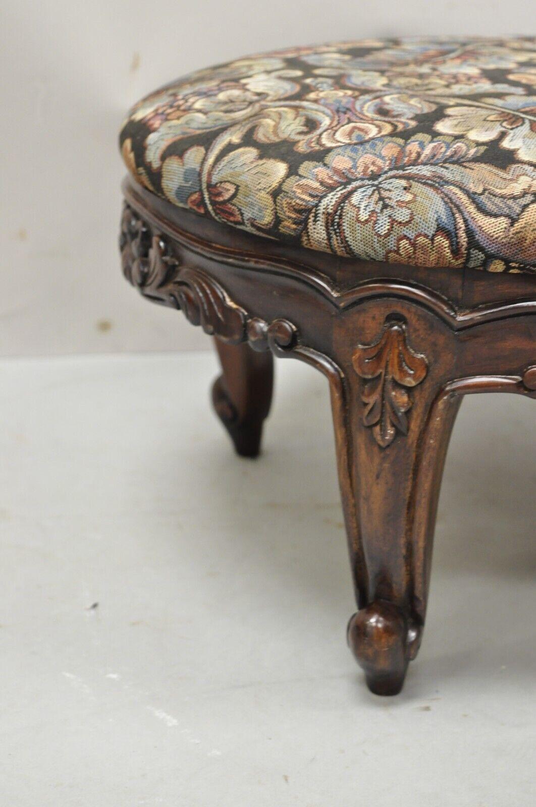 French Louis XV Victorian Style Carved Wood Oval Small Footstool Ottoman 4