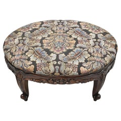 French Louis XV Victorian Style Carved Wood Oval Small Footstool Ottoman