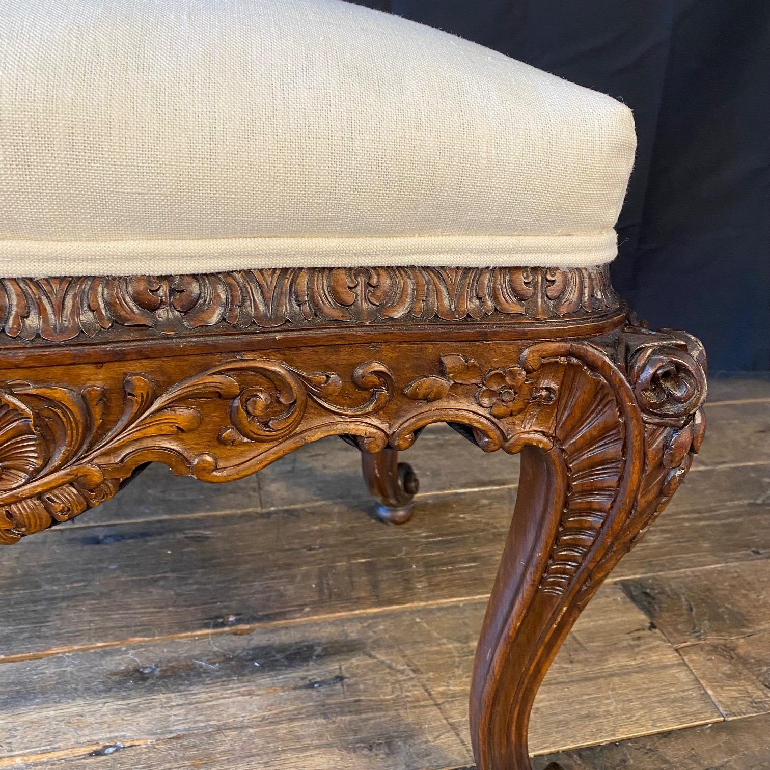 Upholstery French Louis XV Walnut Bench or Ottoman with Exquisite Carving For Sale
