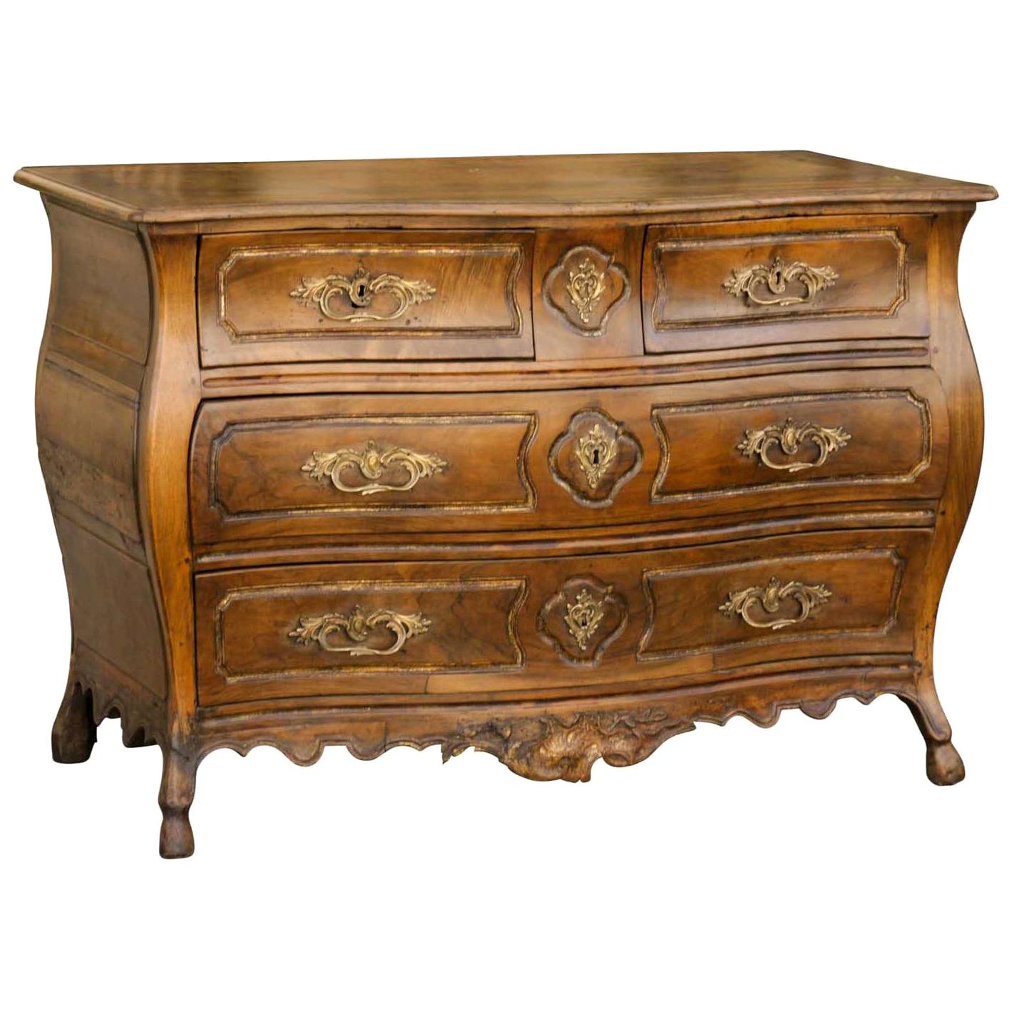 French Louis XV Walnut Bombé Commode with Serpentine Front, circa 1760