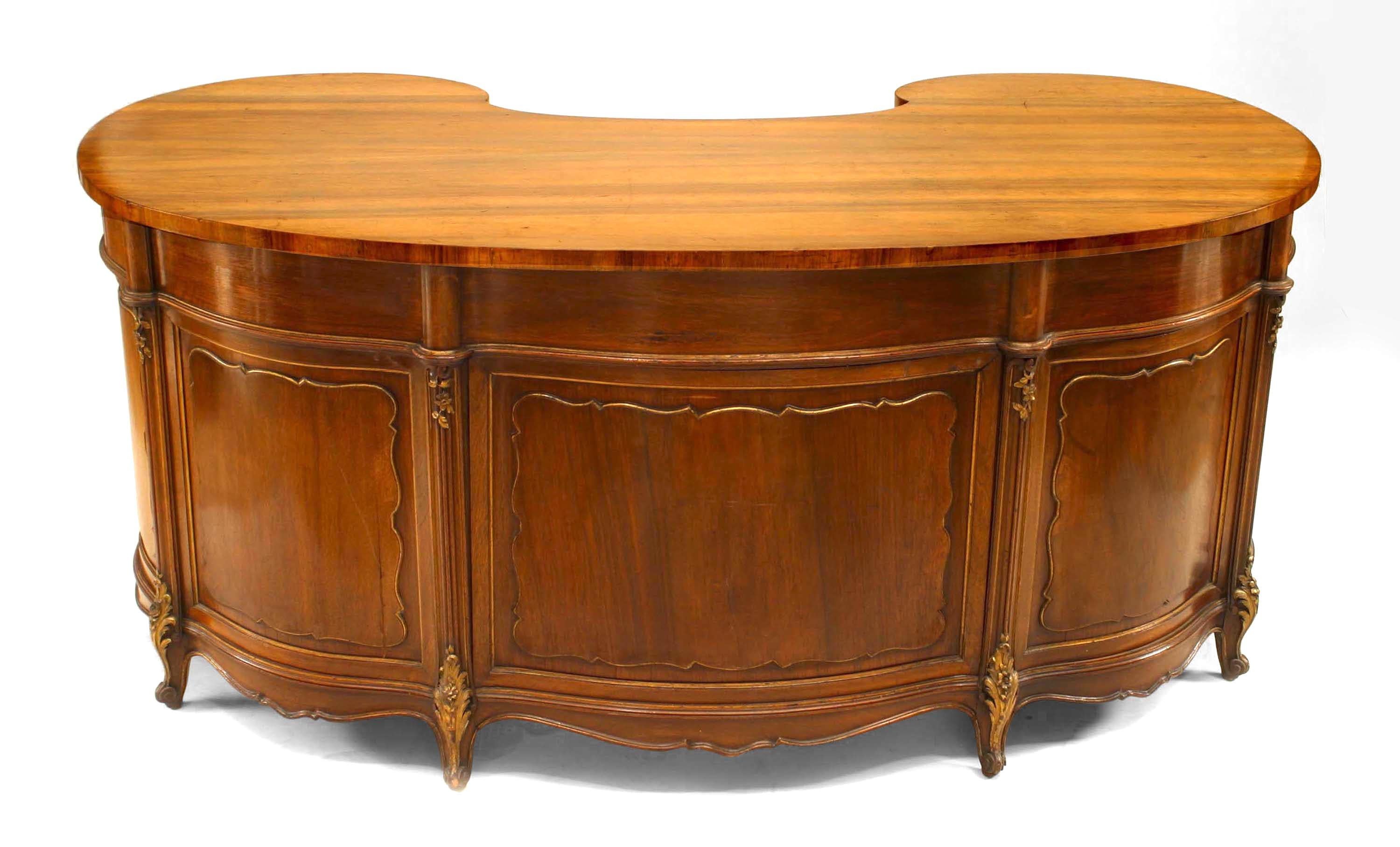 Brass French Louis XV Walnut Kidney Kneehole Desk For Sale