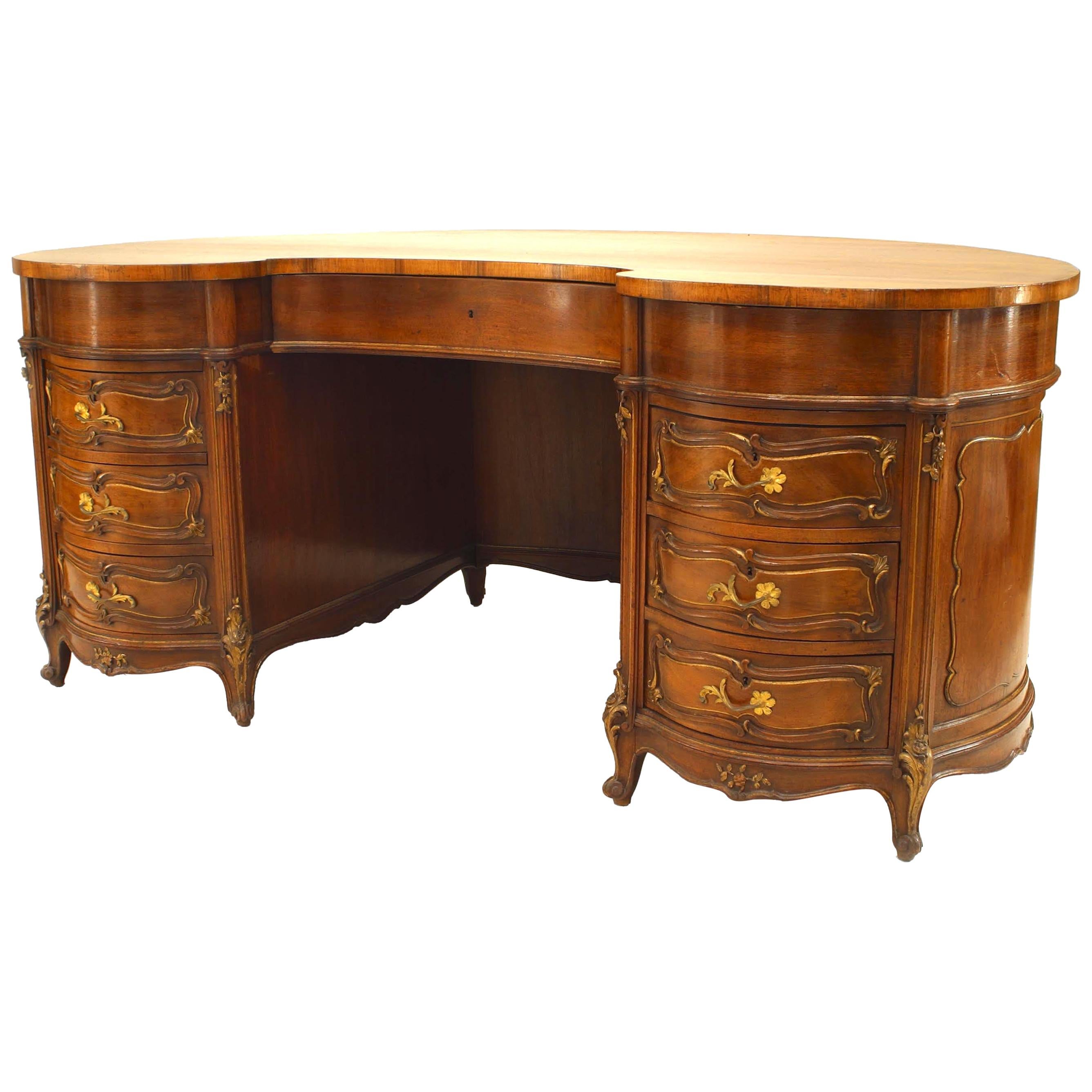 French Louis XV Walnut Kidney Kneehole Desk For Sale