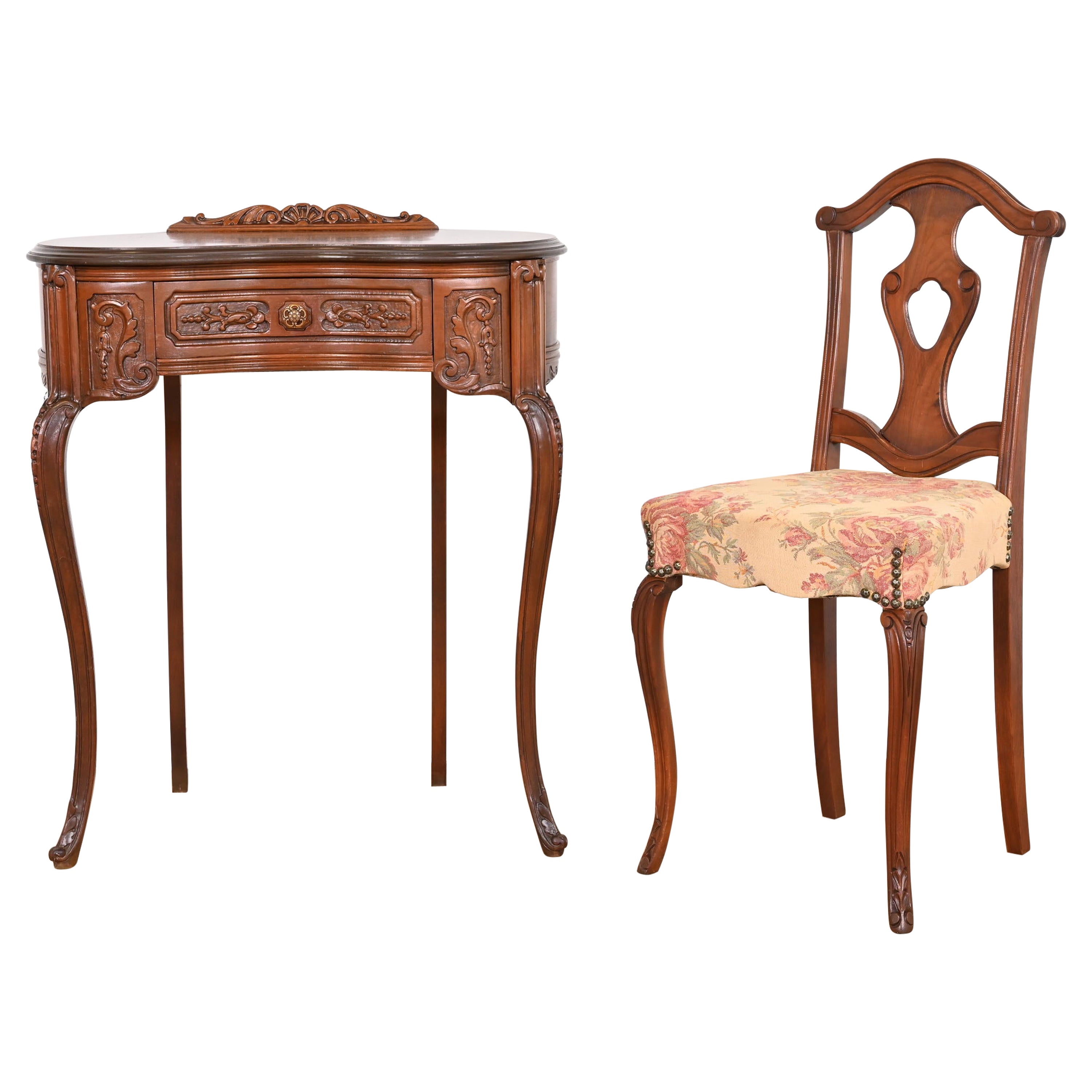 French Louis XV Walnut Kidney Shaped Vanity or Ladies Writing Desk With Chair