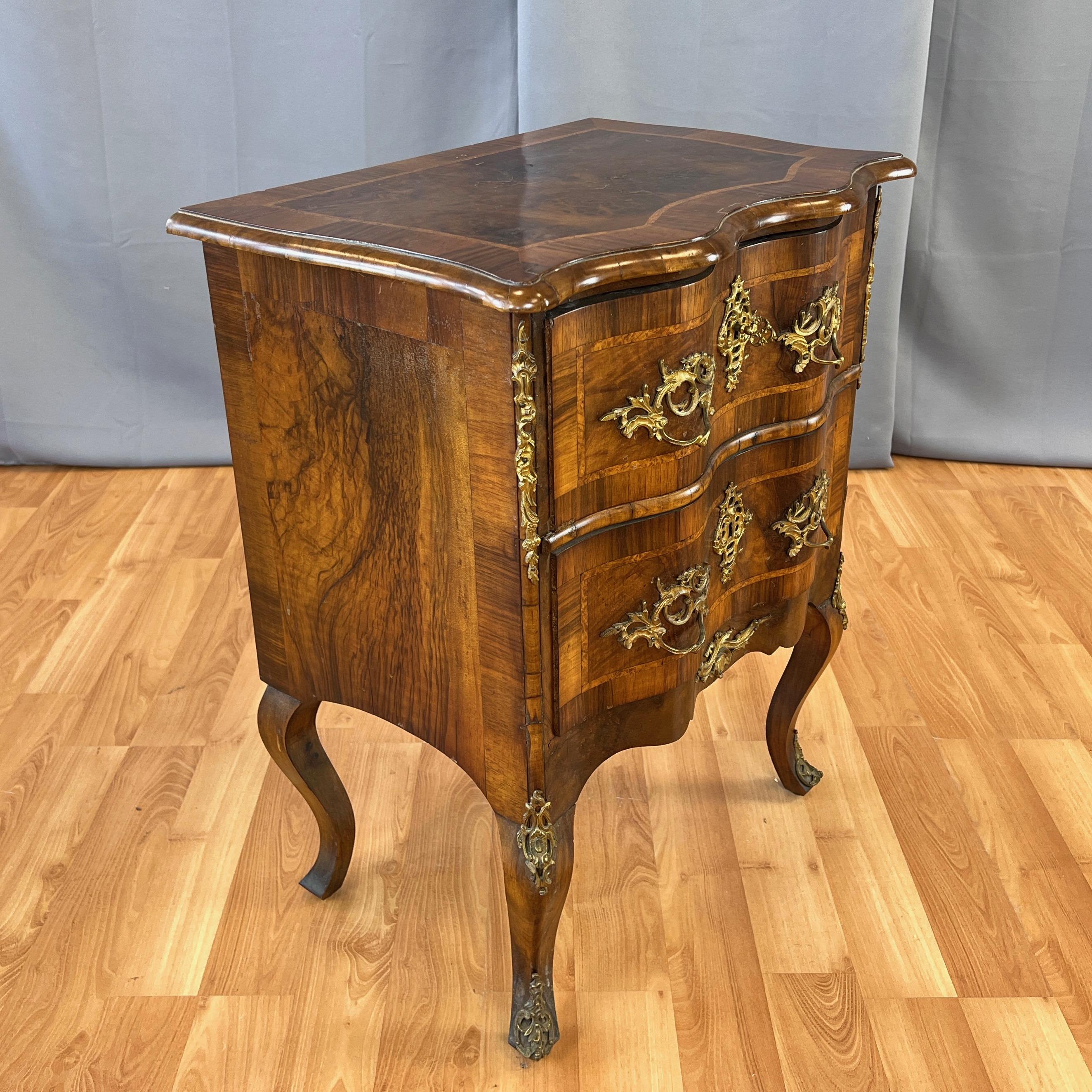 Veneer French Louis XV Walnut Marquetry and Ormolu Two-Drawer Commode, Early 19th C. For Sale