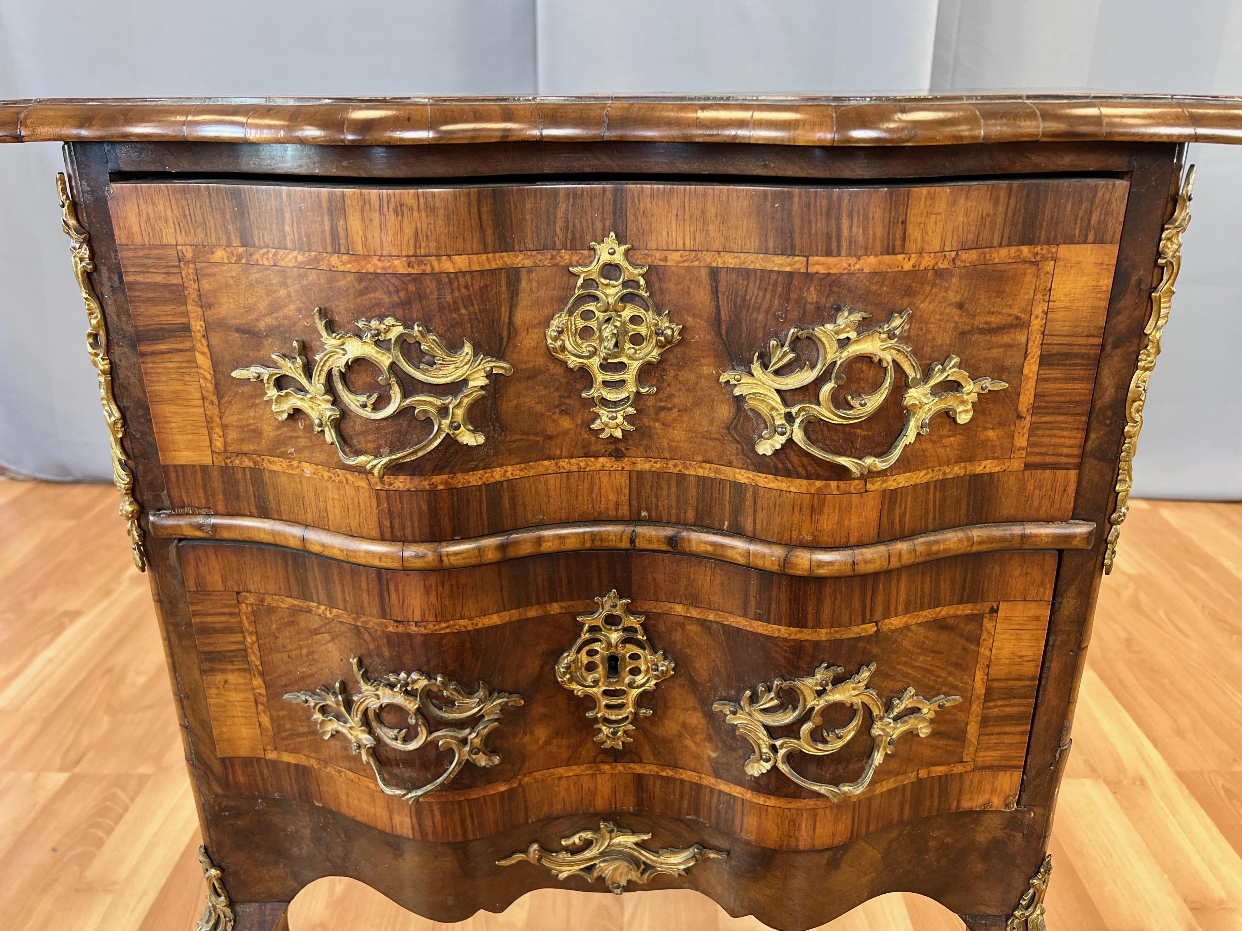 19th Century French Louis XV Walnut Marquetry and Ormolu Two-Drawer Commode, Early 19th C. For Sale