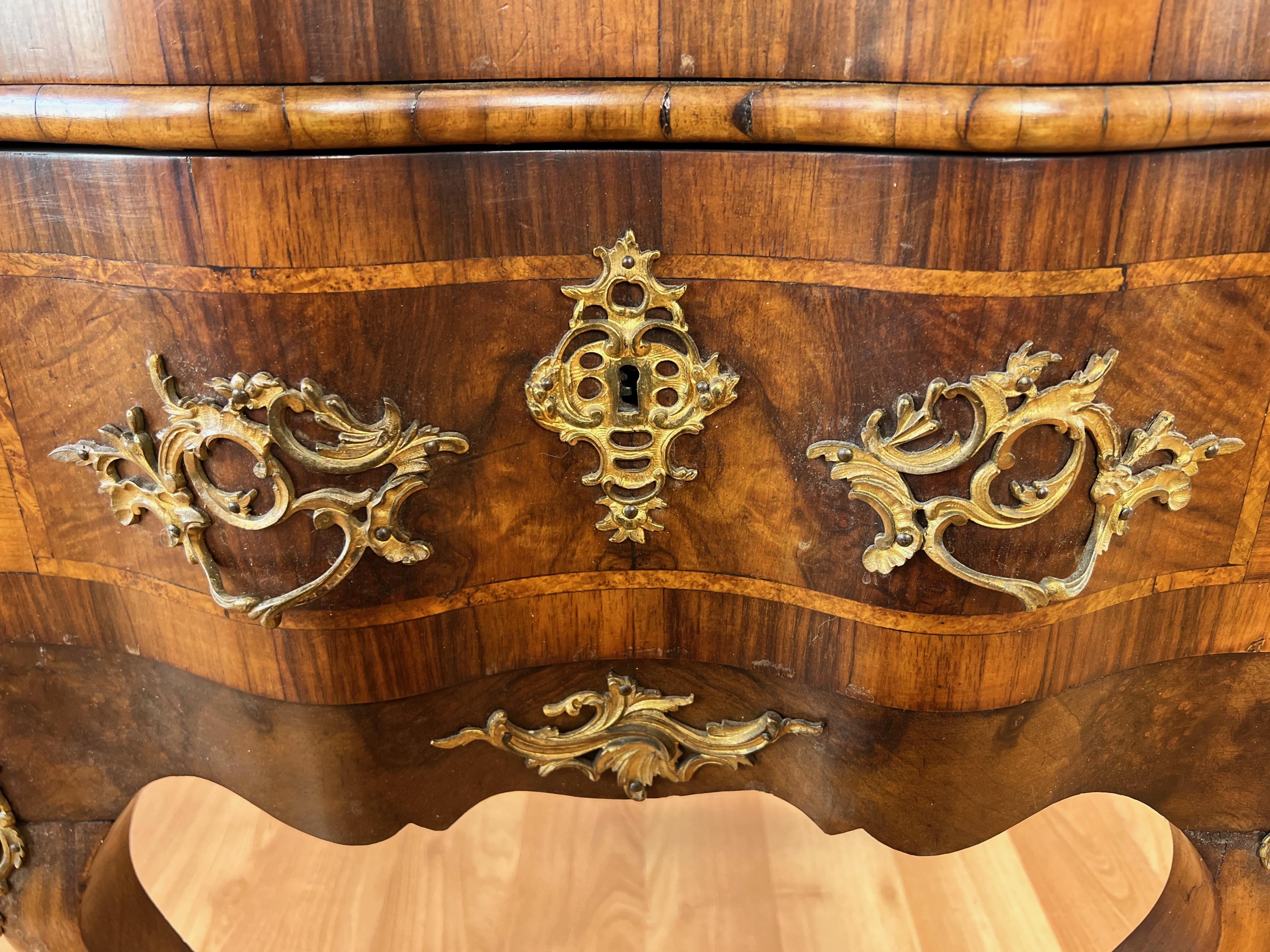 Satinwood French Louis XV Walnut Marquetry and Ormolu Two-Drawer Commode, Early 19th C. For Sale