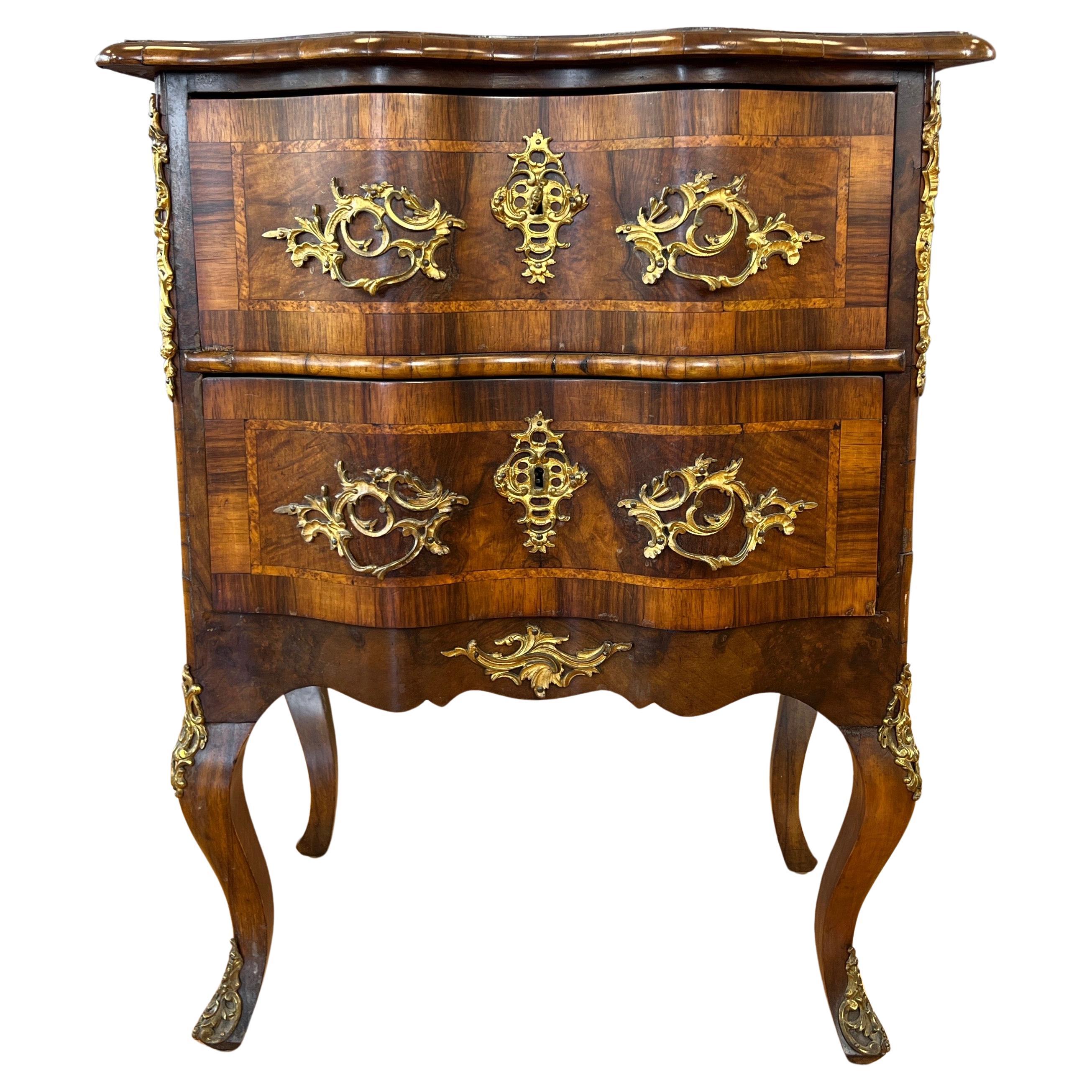 French Louis XV Walnut Marquetry and Ormolu Two-Drawer Commode, Early 19th C. For Sale