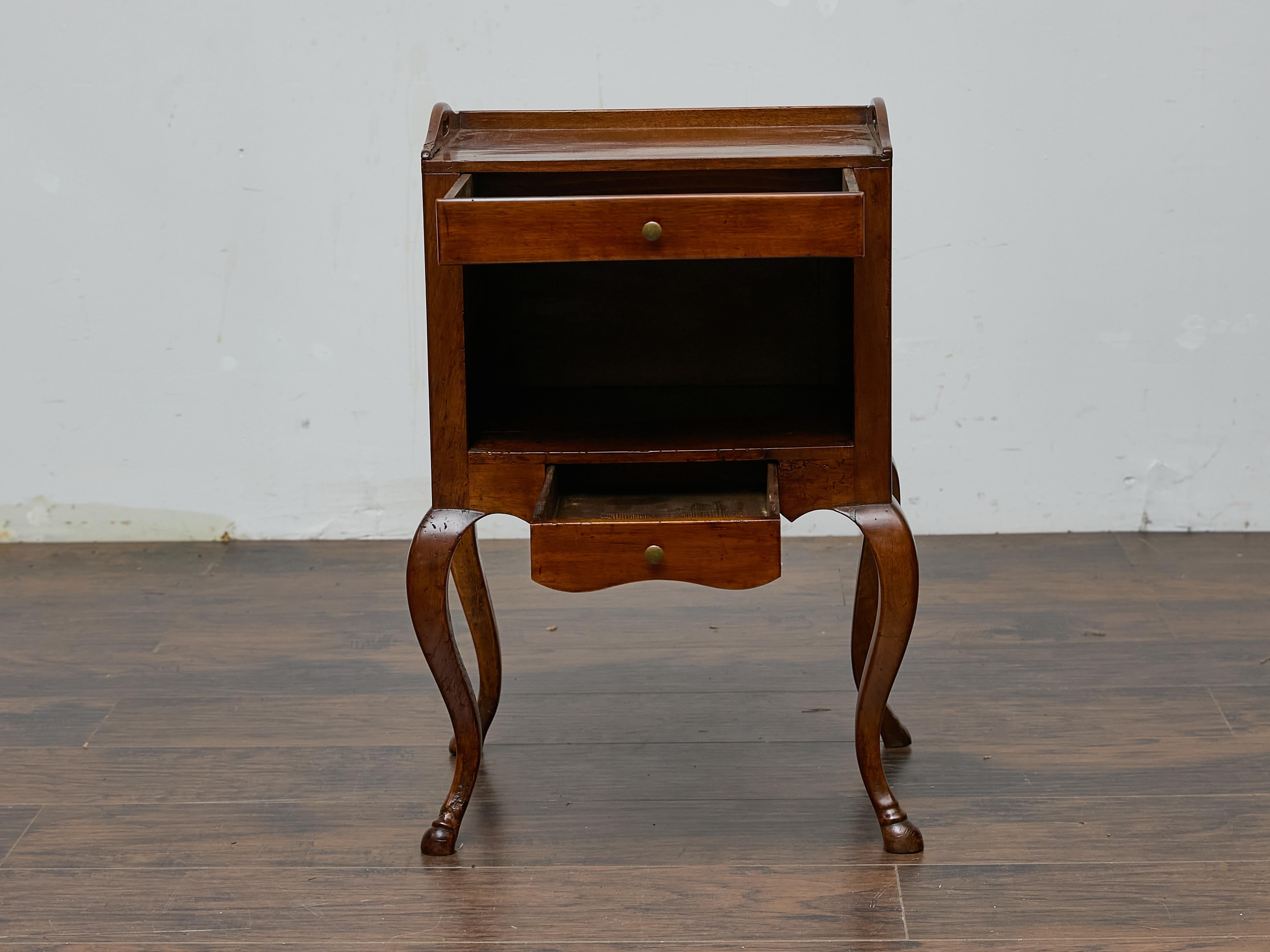 Brass French Louis XV Walnut Nightstand with Tray Top and Hoof Feet, 19th Century For Sale