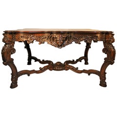 French Louis XV Walnut Hand-Carved Table, 19th Century