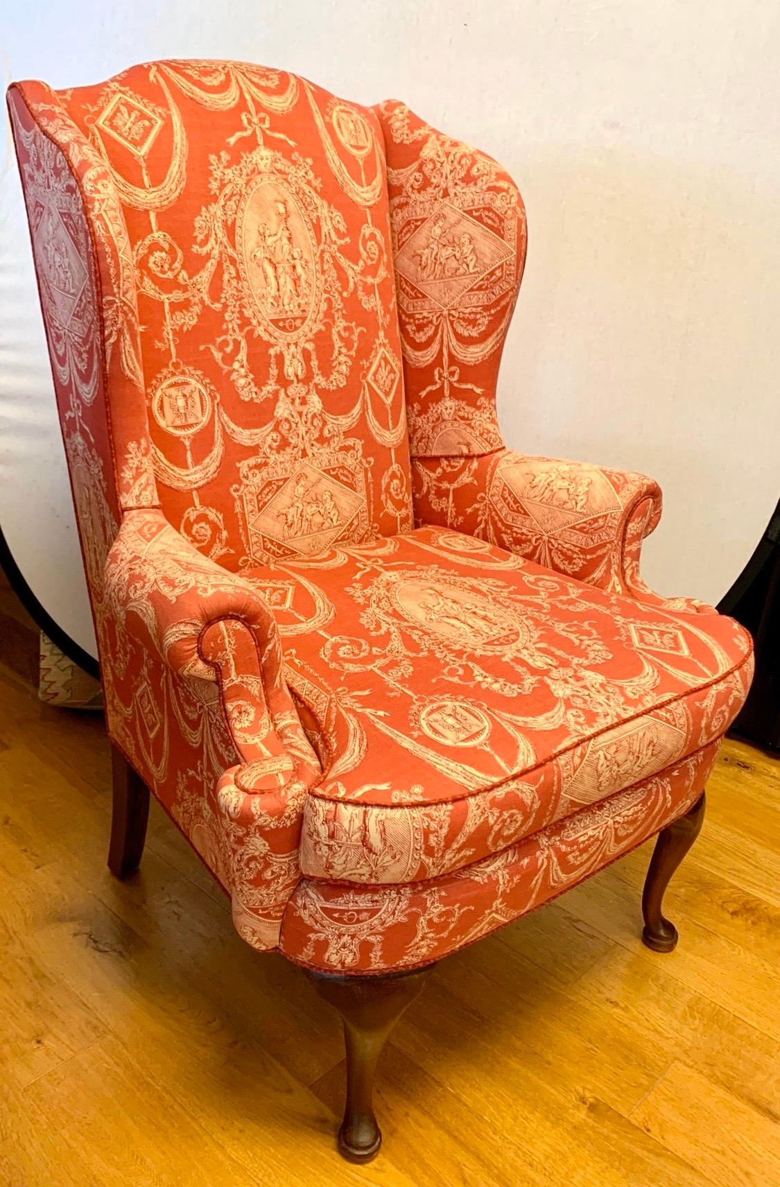 French Louis XV Wingback Arm Chair in Chinoiserie Toile Mahogany and Fabric In Good Condition In West Hartford, CT