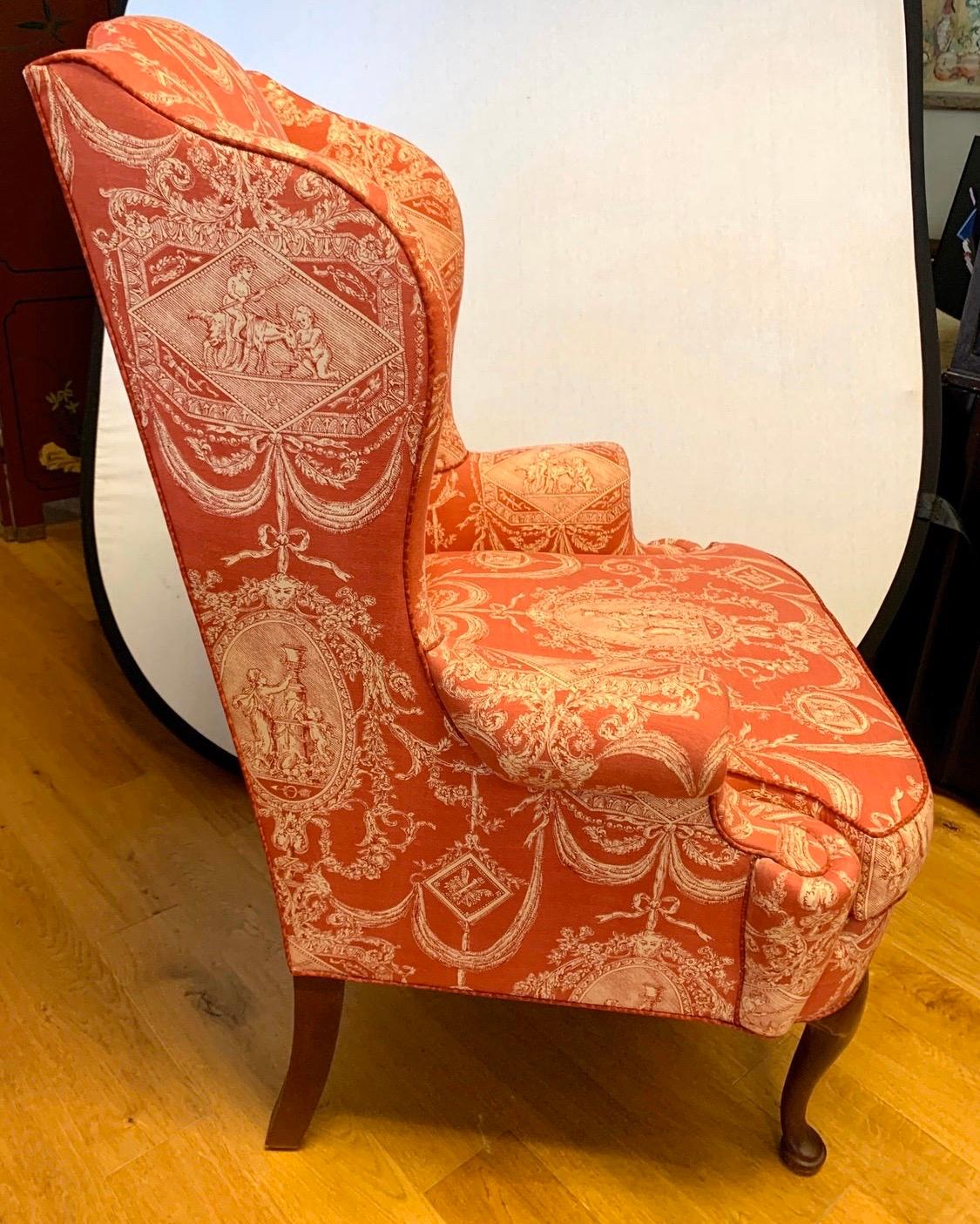 Mid-20th Century French Louis XV Wingback Arm Chair in Chinoiserie Toile Mahogany and Fabric