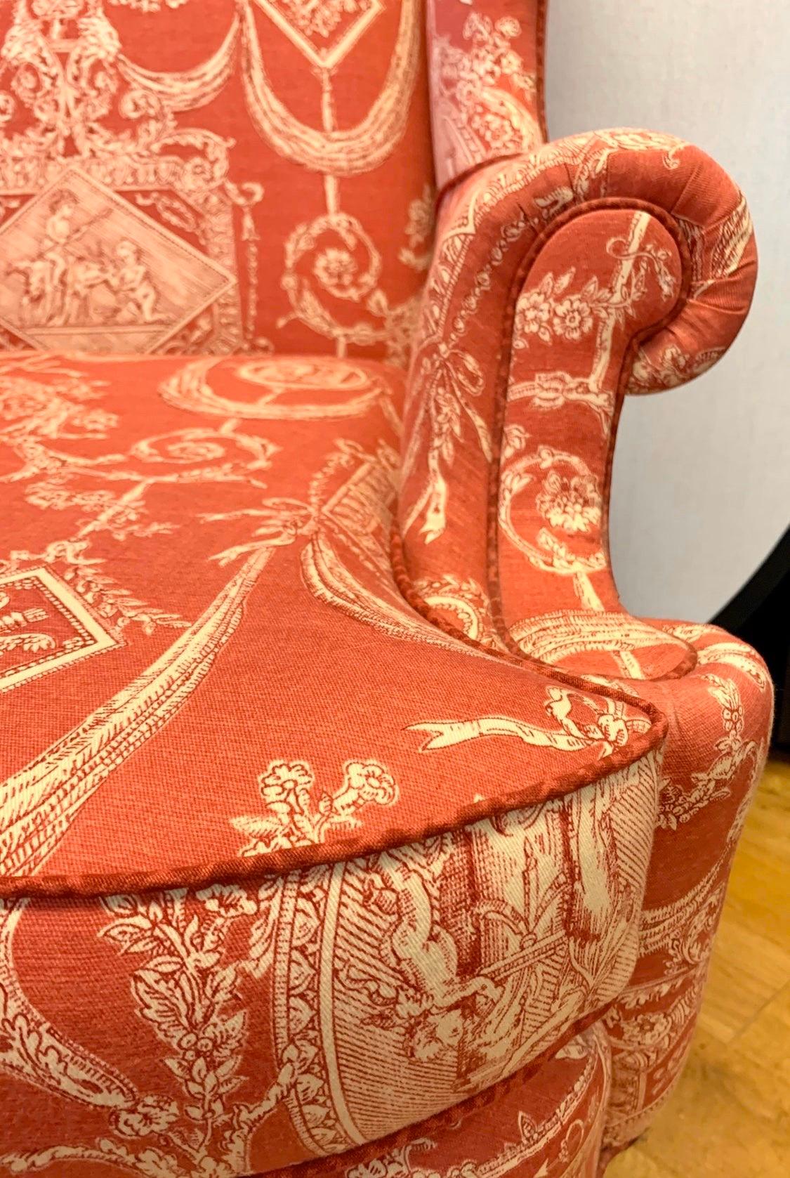French Louis XV Wingback Arm Chair in Chinoiserie Toile Mahogany and Fabric 3