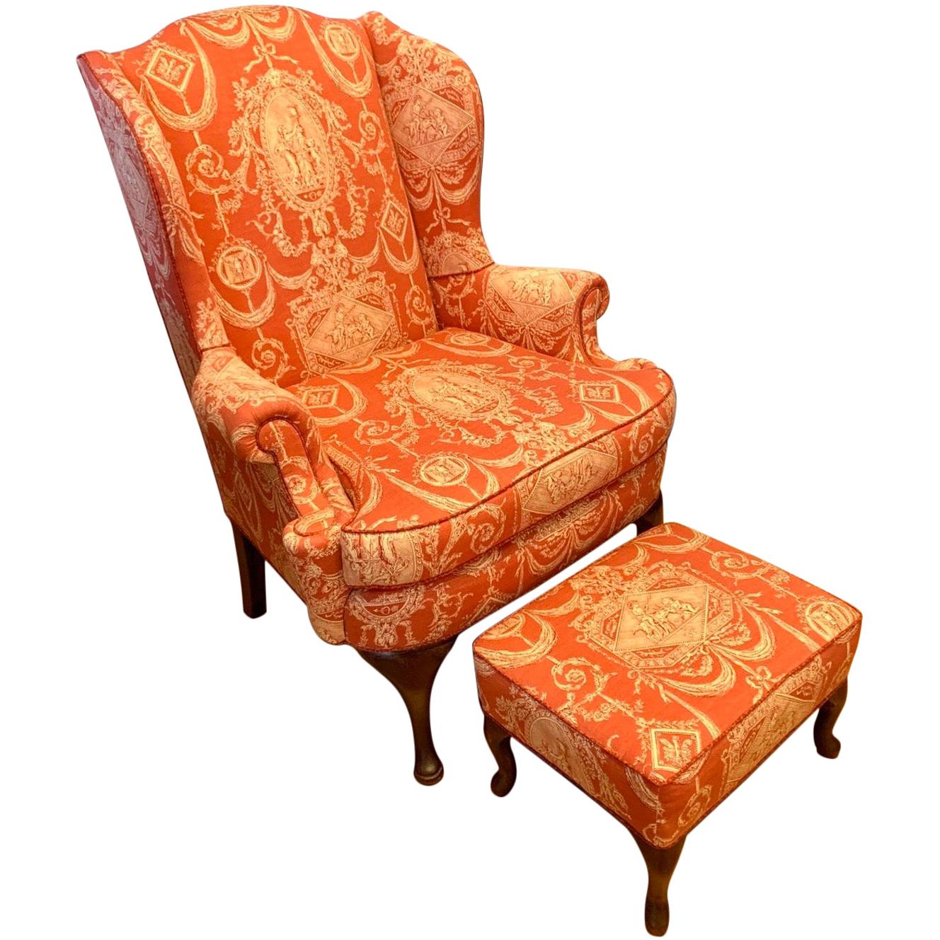 French Louis XV Wingback Arm Chair in Chinoiserie Toile Mahogany and Fabric