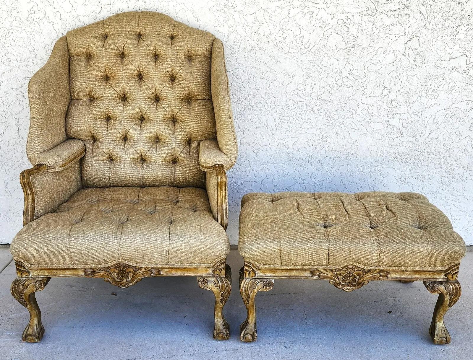 French Louis XV Wingback Chair & Ottoman In Good Condition For Sale In Lake Worth, FL
