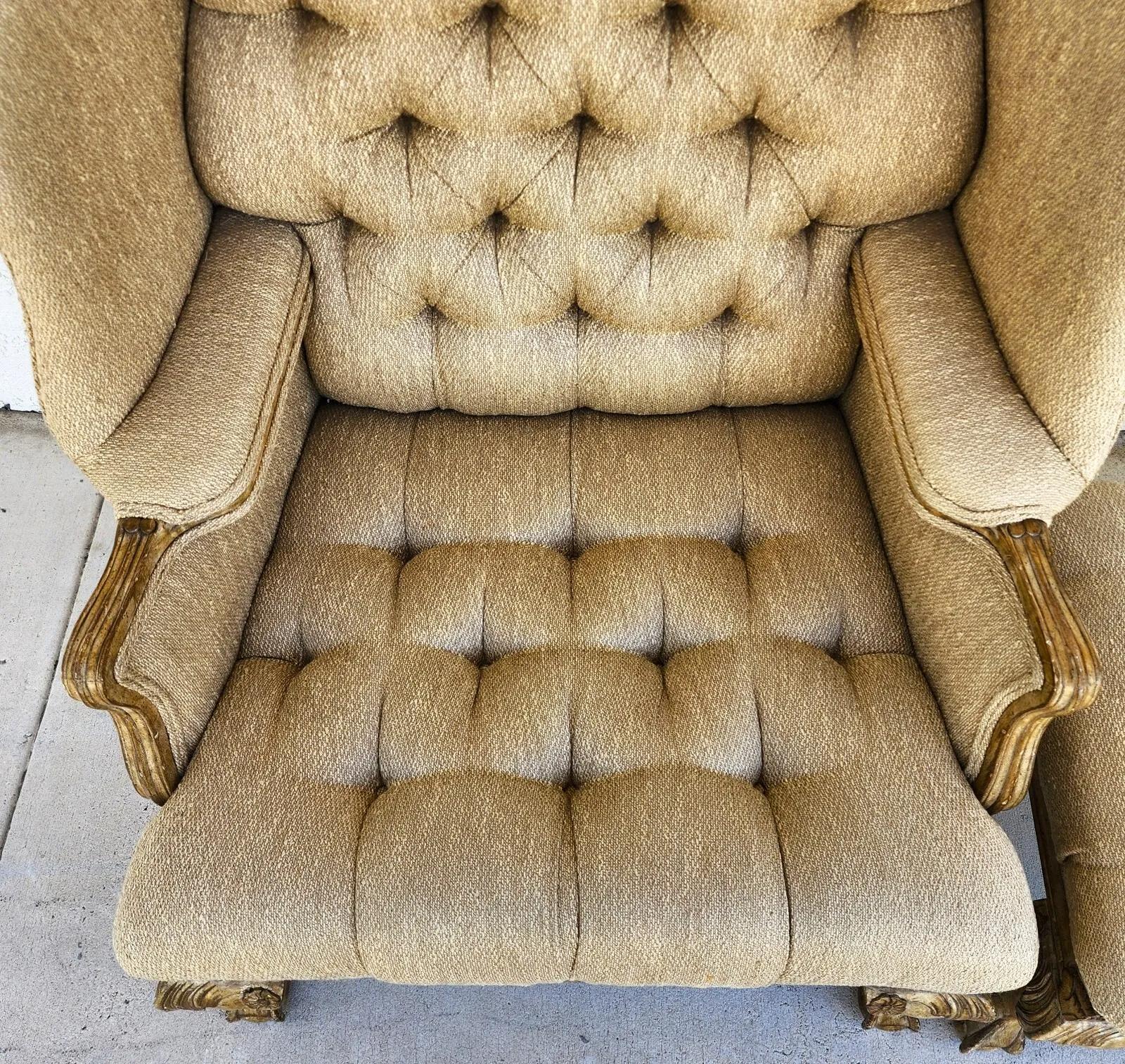 Wood French Louis XV Wingback Chair & Ottoman For Sale