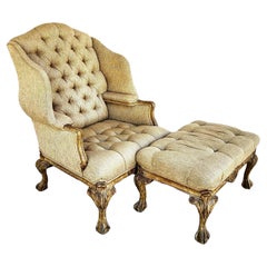 Retro French Louis XV Wingback Chair & Ottoman