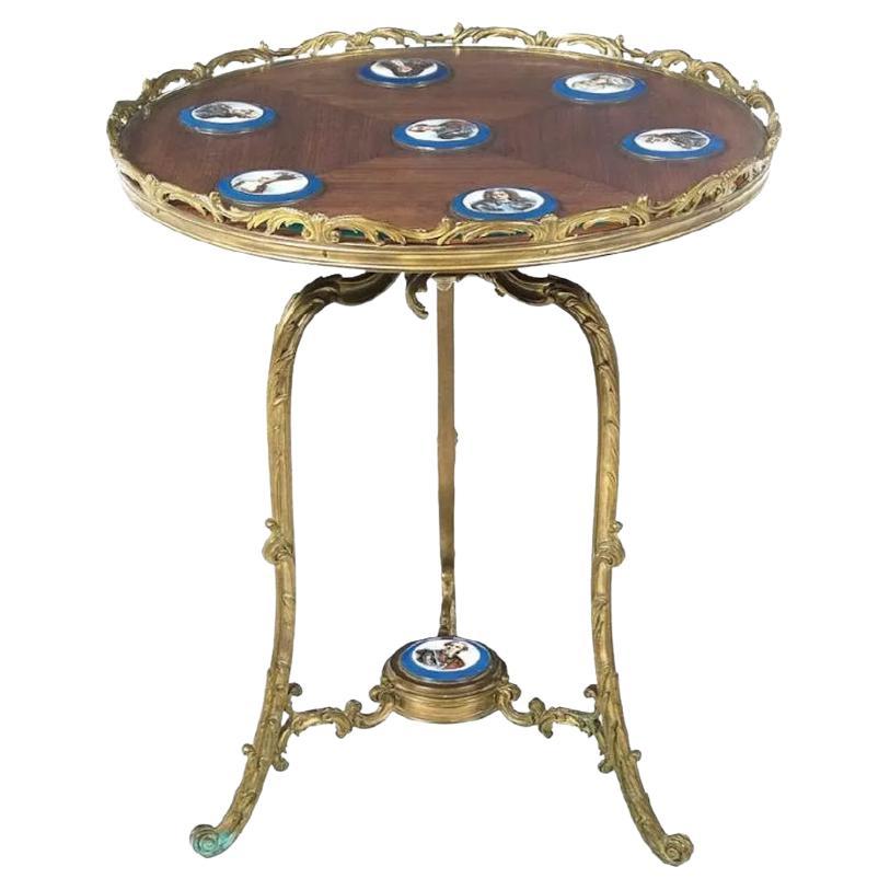 French Louis XV/XVI Style Bronze Gueridon Side Table with Porcelain Plaques