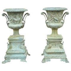 Retro French Louis XV XVI Style Bronze Verdigris Figural Garden Planters, a Pair