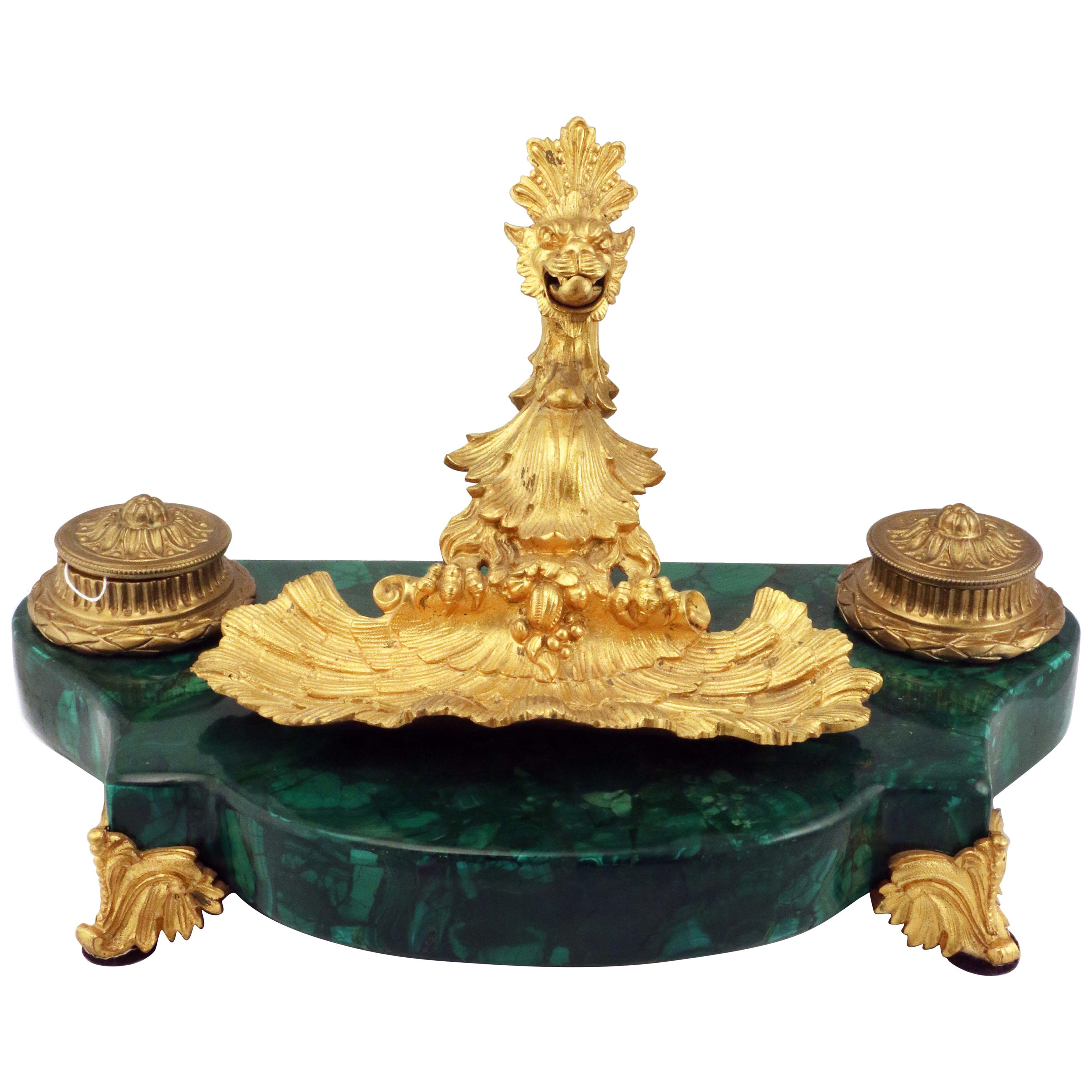 Plumier de style Louis XV1 français en malachite et bronze doré