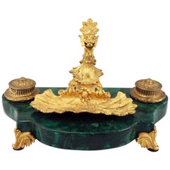 Plumier de style Louis XV1 français en malachite et bronze doré