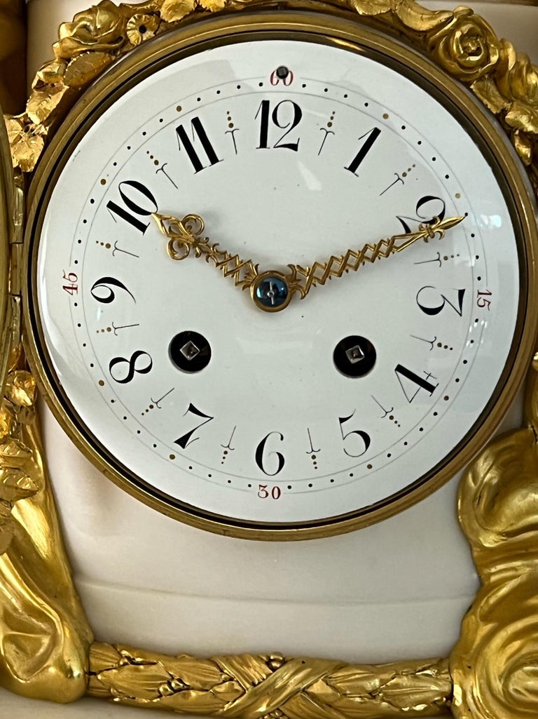 French Louis Xv1 Style Striking Figural Ormolu-Mounted White Marble Clock For Sale 5