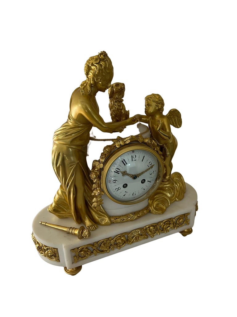 French Louis Xv1 Style Striking Figural Ormolu-Mounted White Marble Clock For Sale 8