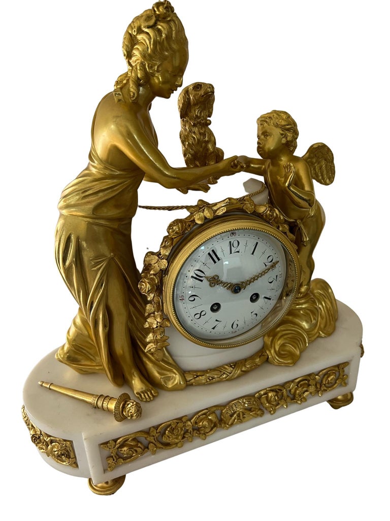 French Louis Xv1 Style Striking Figural Ormolu-Mounted White Marble Clock For Sale 11
