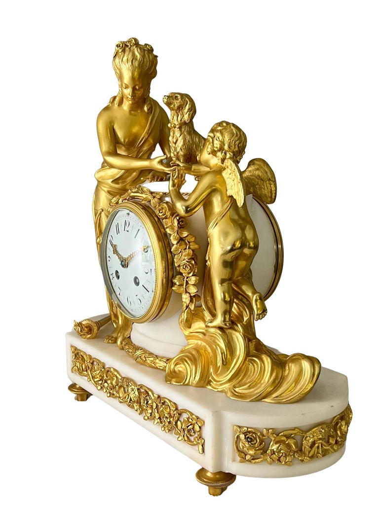 French Louis Xv1 Style Striking Figural Ormolu-Mounted White Marble Clock For Sale 1