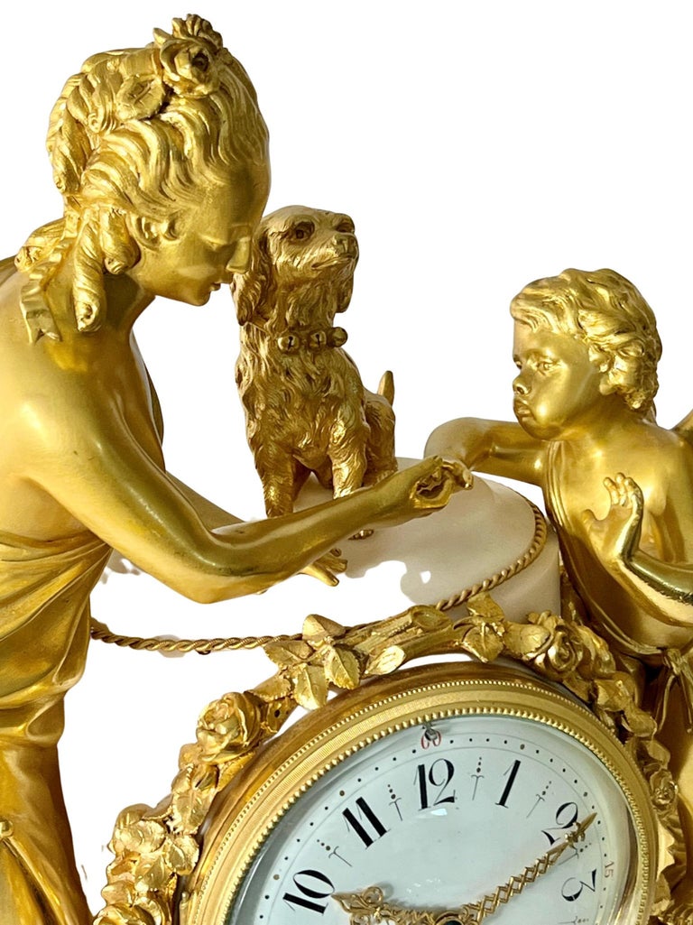 French Louis Xv1 Style Striking Figural Ormolu-Mounted White Marble Clock For Sale 3