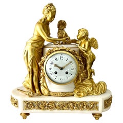 French Louis Xv1 Style Striking Figural Ormolu-Mounted White Marble Clock