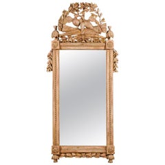 French Louis XVI 1780s Carved Mirror with Kissing Doves Foliage and Gilt Accents