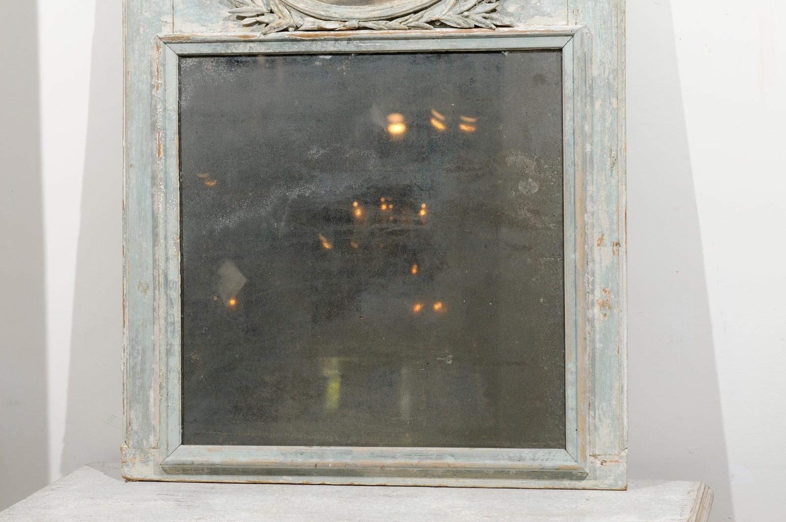 18th Century French Louis XVI 1790s Blue Grey Painted Trumeau Mirror with Oval Painting