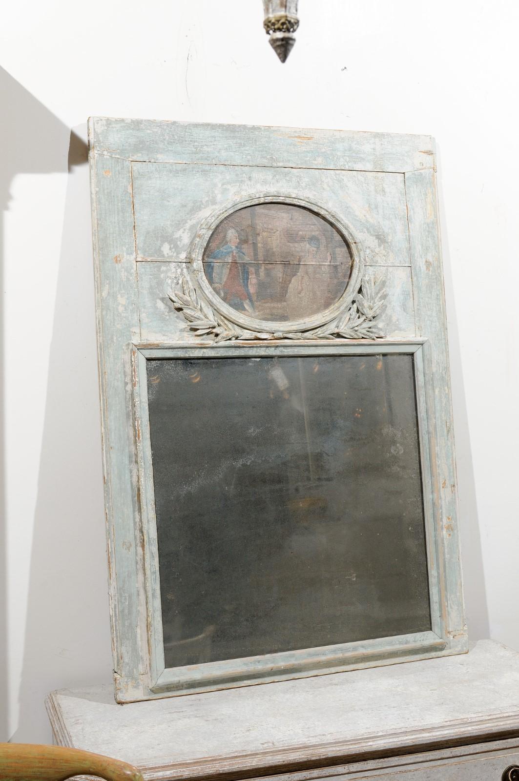 French Louis XVI 1790s Blue Grey Painted Trumeau Mirror with Oval Painting 2