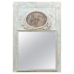 French Louis XVI 1790s Blue Grey Painted Trumeau Mirror with Oval Painting