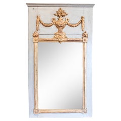 French Louis XVI 1790s Painted Trumeau Mirror with Carved Gilt Bouquet of Roses