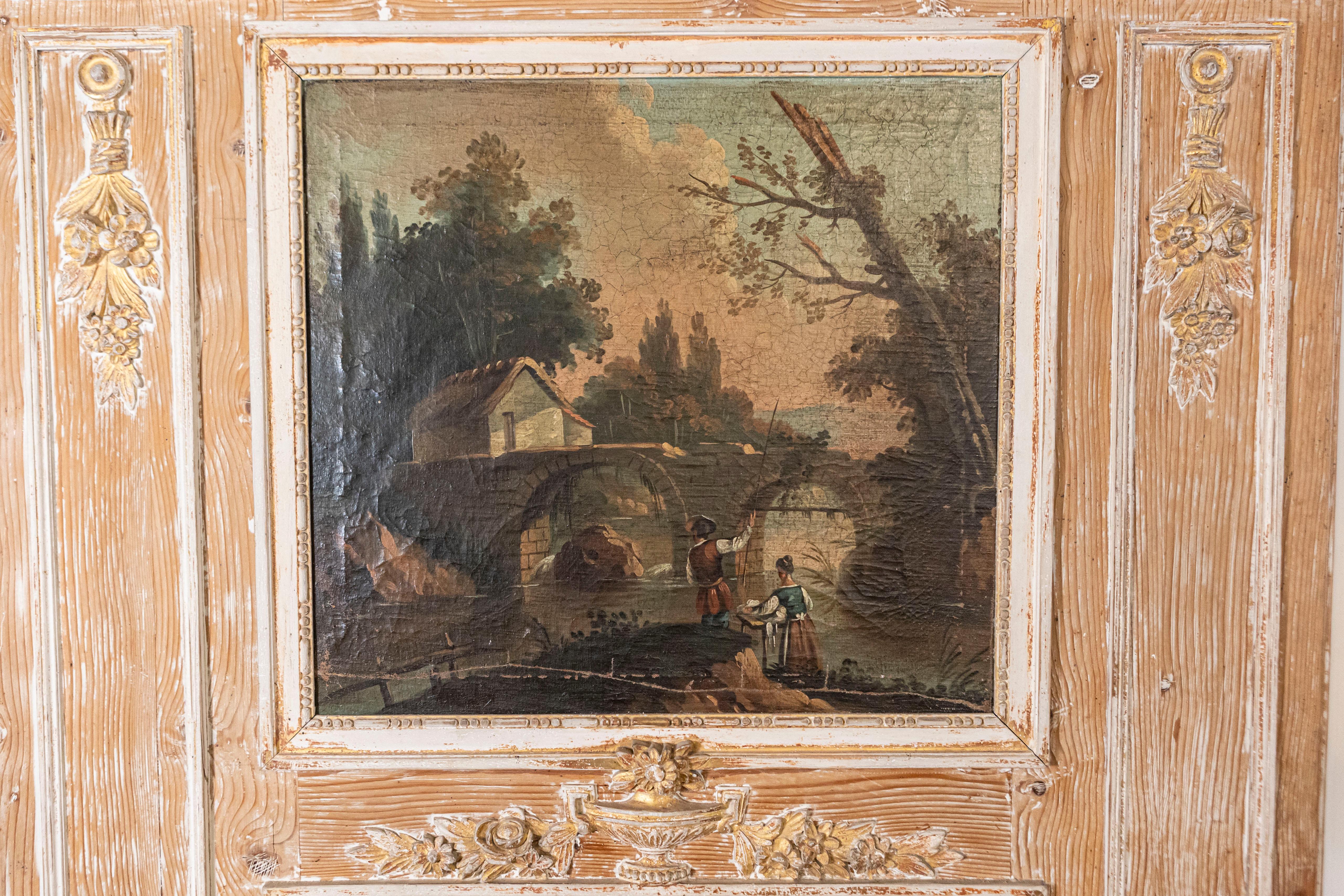 Sculpté Miroir Trumeau Louis XVI des années 1790 avec peinture d'origine et détails dorés en vente
